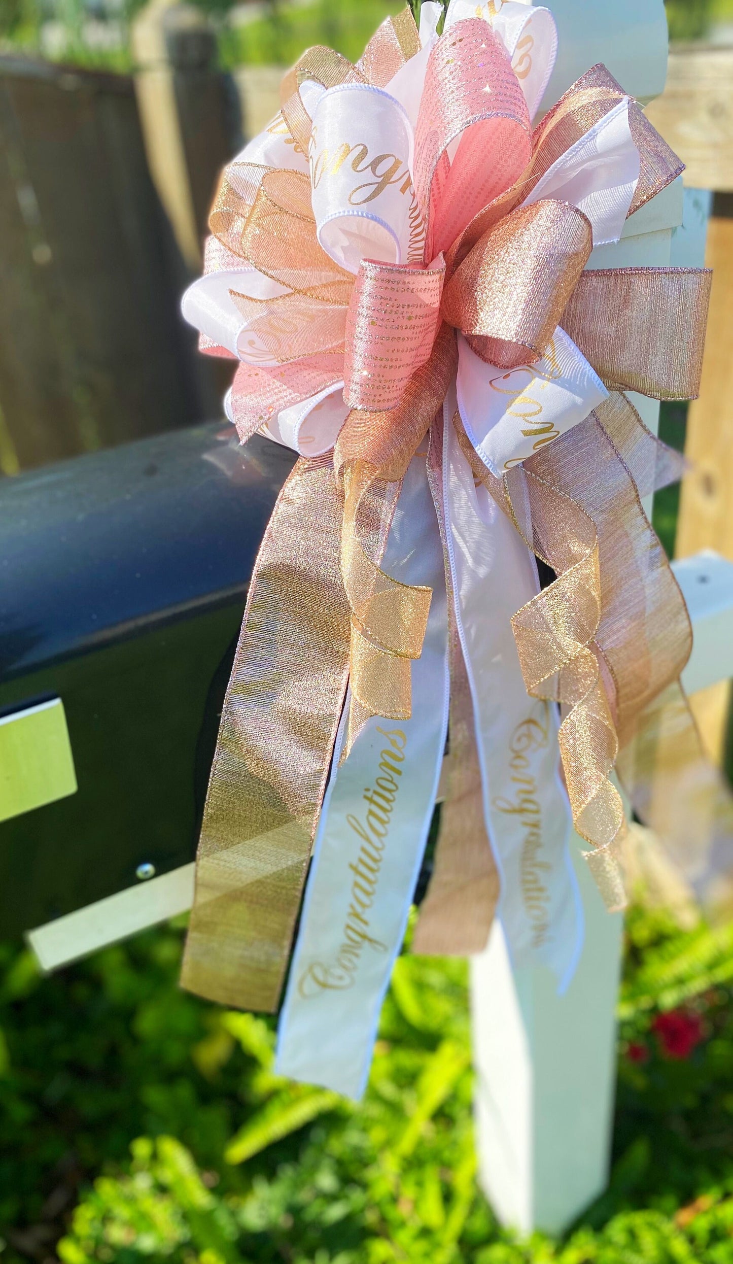 Congratulations Bow in Rose Gold, Gold, and White. Perfect for Mailbox, Door, and Wreath.