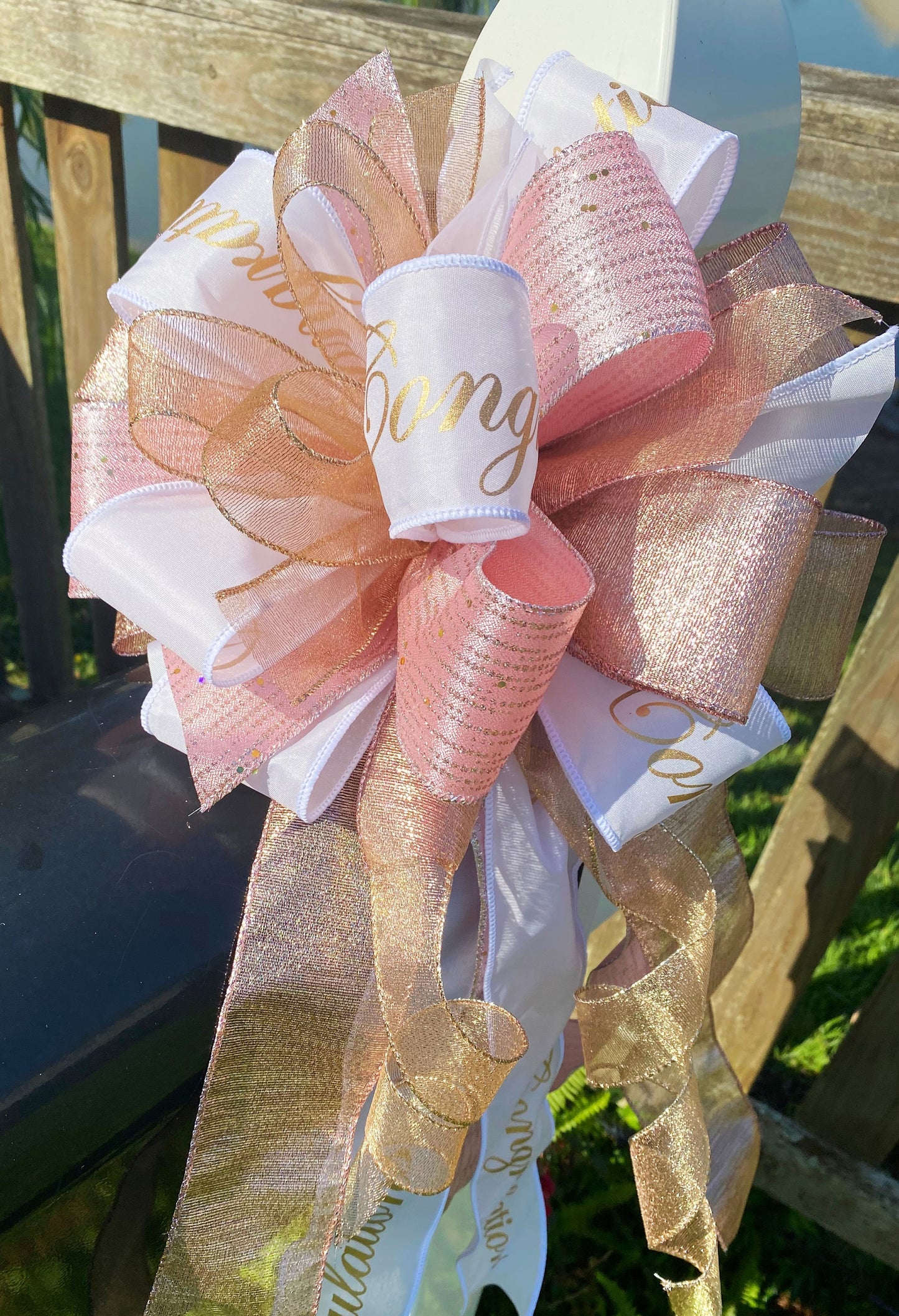 Congratulations Bow in Rose Gold, Gold, and White. Perfect for Mailbox, Door, and Wreath.