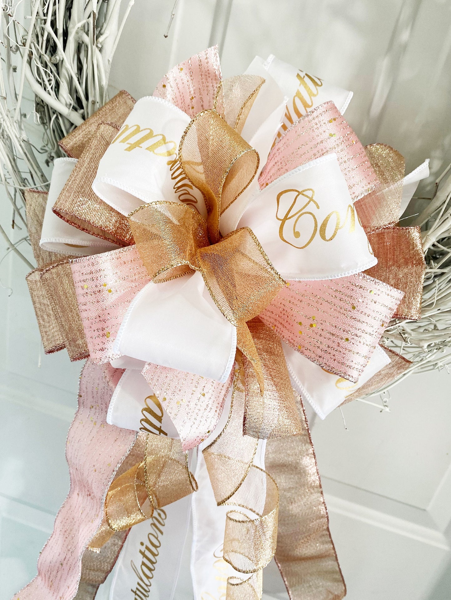 Congratulations Bow in Rose Gold, Gold, and White. Perfect for Mailbox, Door, and Wreath.