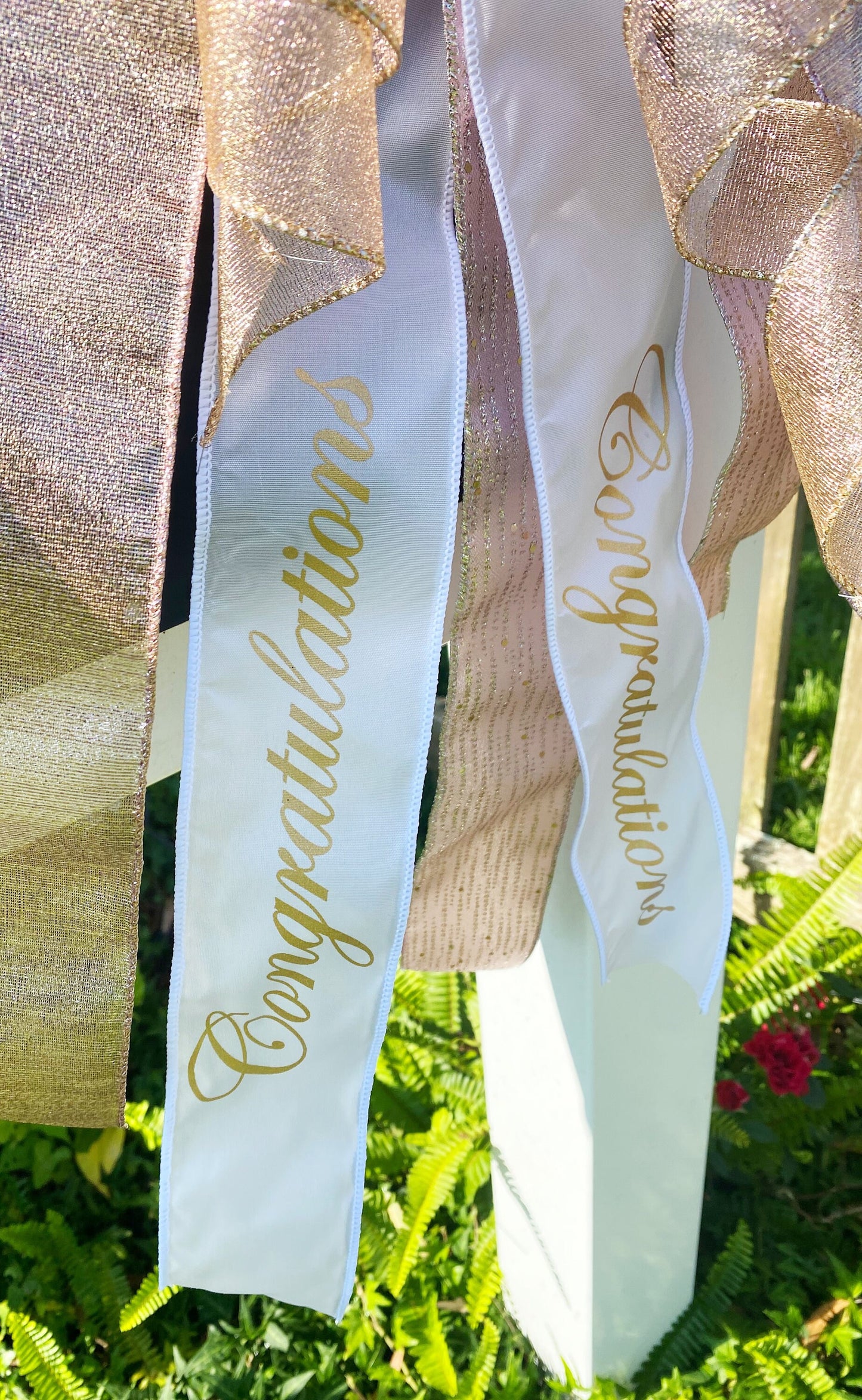 Congratulations Bow in Rose Gold, Gold, and White. Perfect for Mailbox, Door, and Wreath.