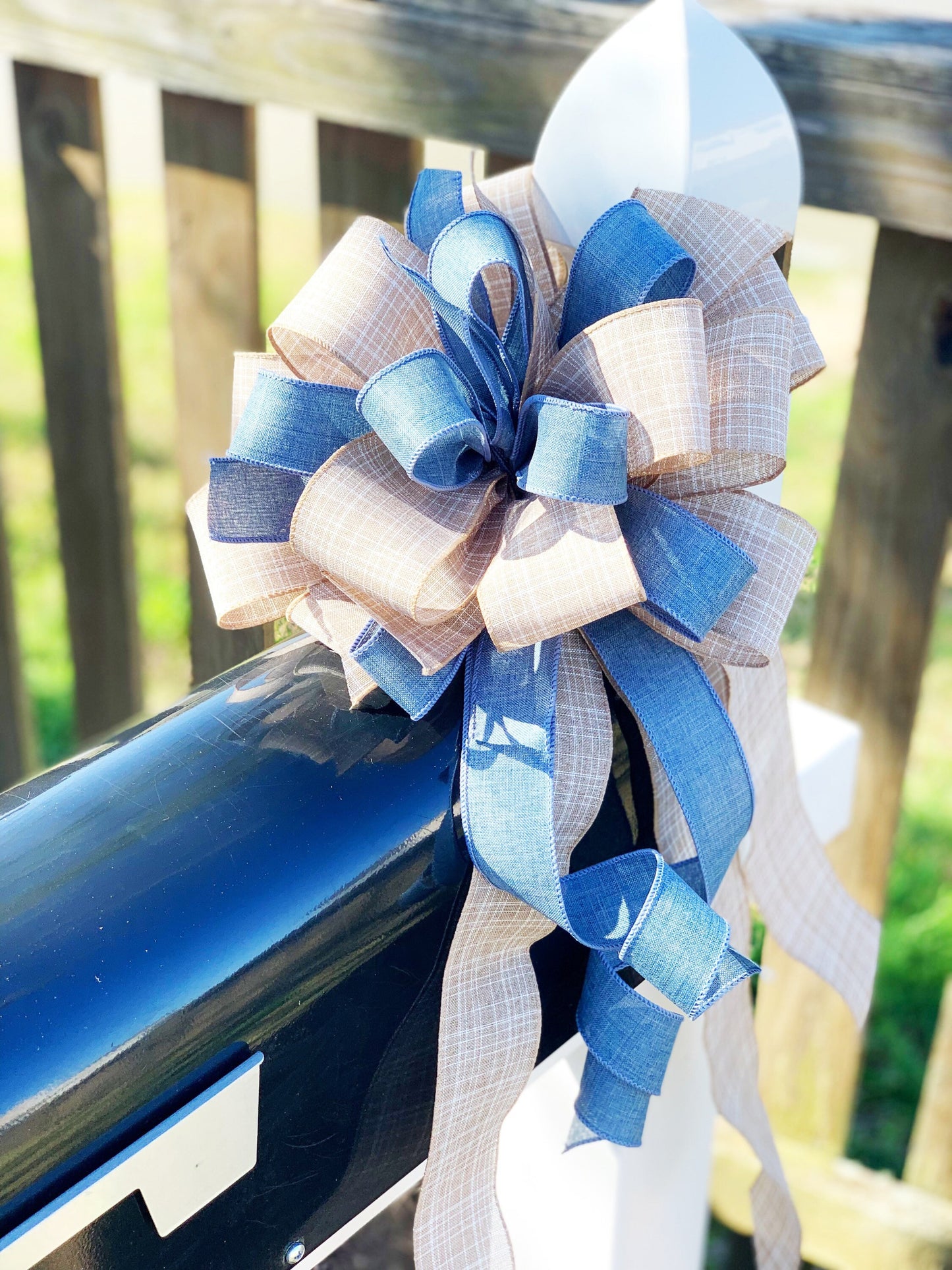 Denim and Khaki Bow. Perfect for Mailbox, Door, and Wreath.