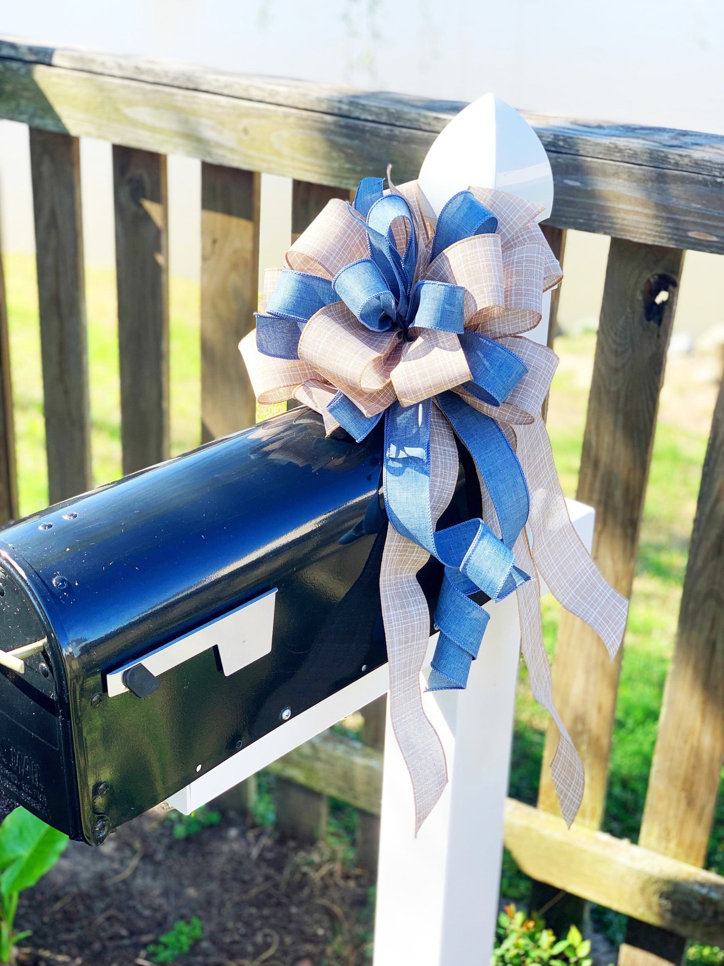 Denim and Khaki Bow. Perfect for Mailbox, Door, and Wreath.