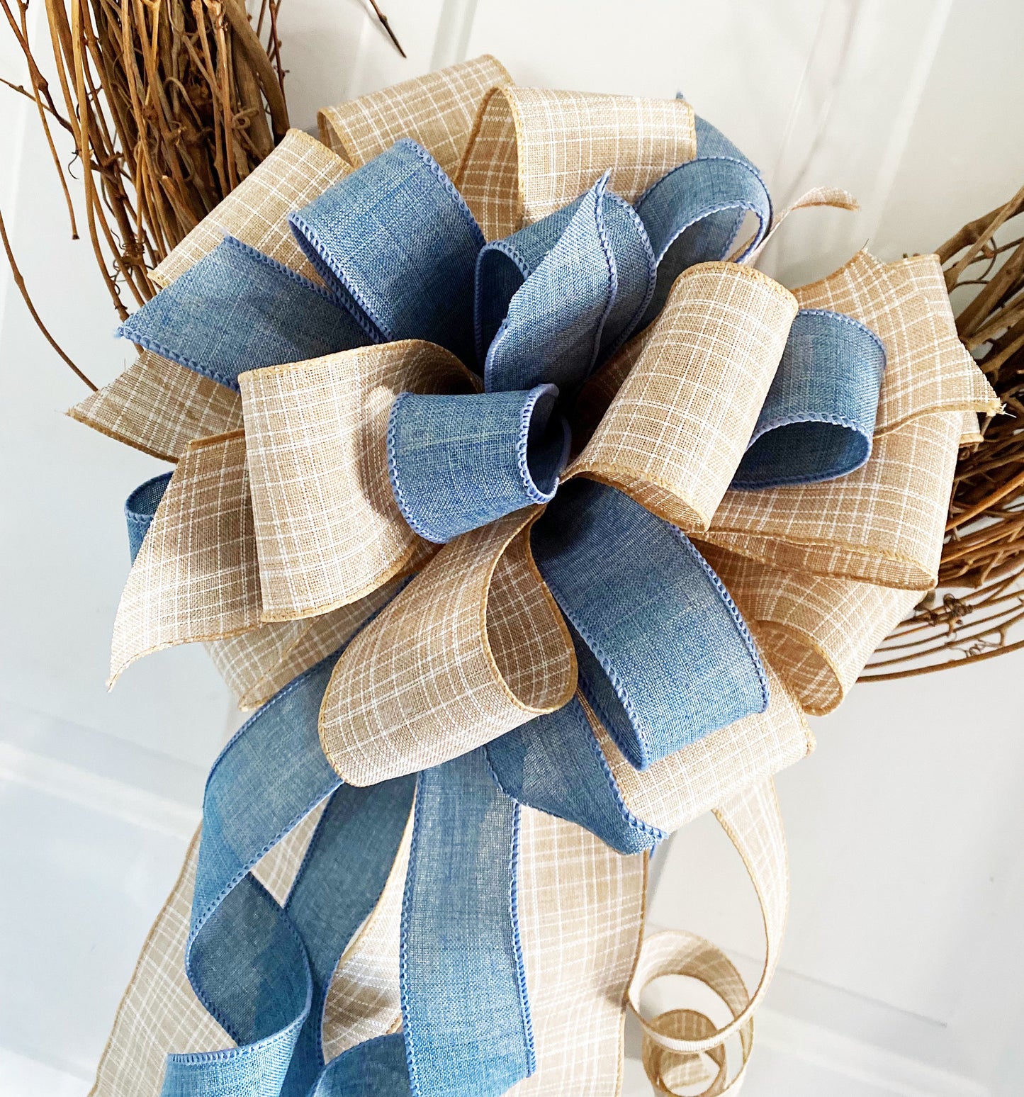 Denim and Khaki Bow. Perfect for Mailbox, Door, and Wreath.