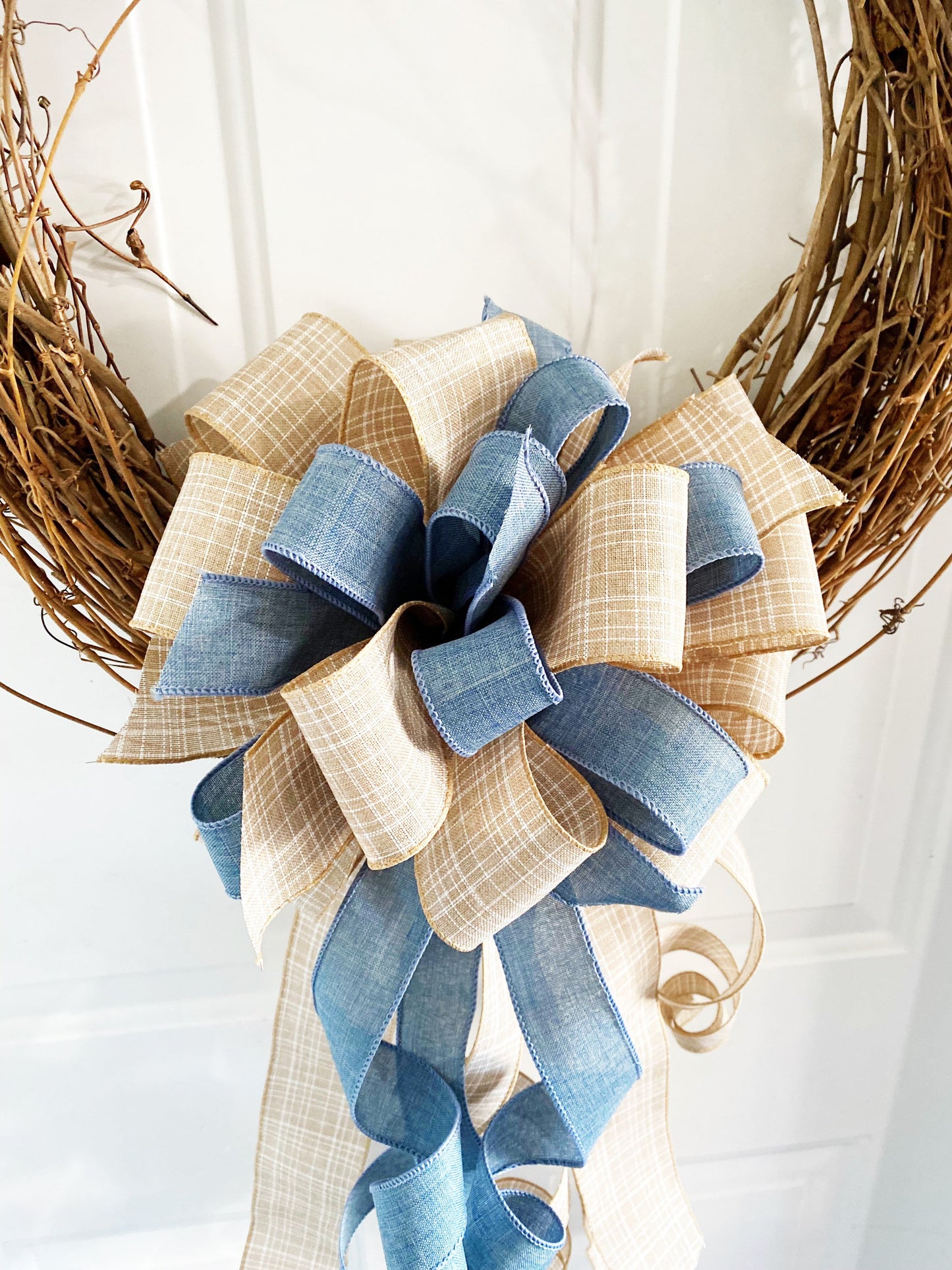 Denim and Khaki Bow. Perfect for Mailbox, Door, and Wreath.