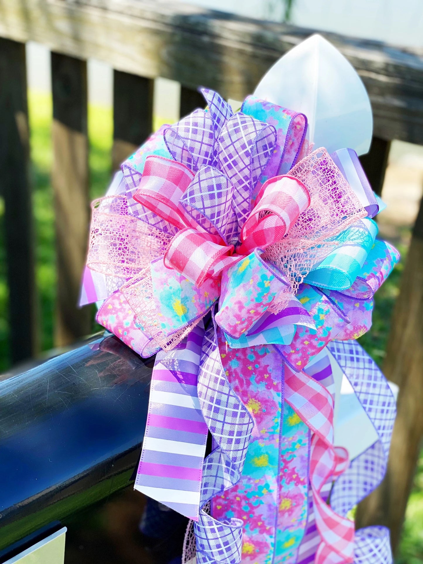 Spring Bow in Light Blue, Lavender, & Pink with Multiple Pattern Ribbons. Perfect for Mailbox, Door, and Wreath.