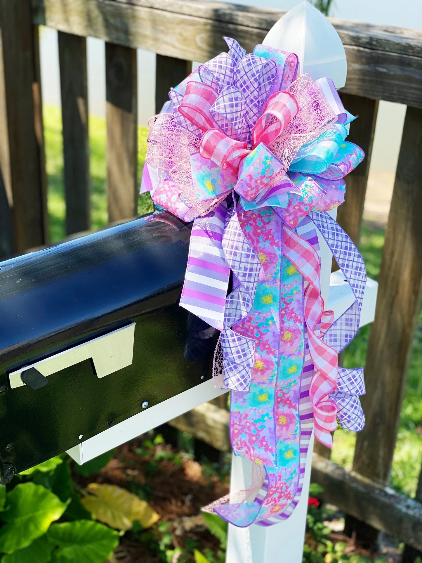 Spring Bow in Light Blue, Lavender, & Pink with Multiple Pattern Ribbons. Perfect for Mailbox, Door, and Wreath.