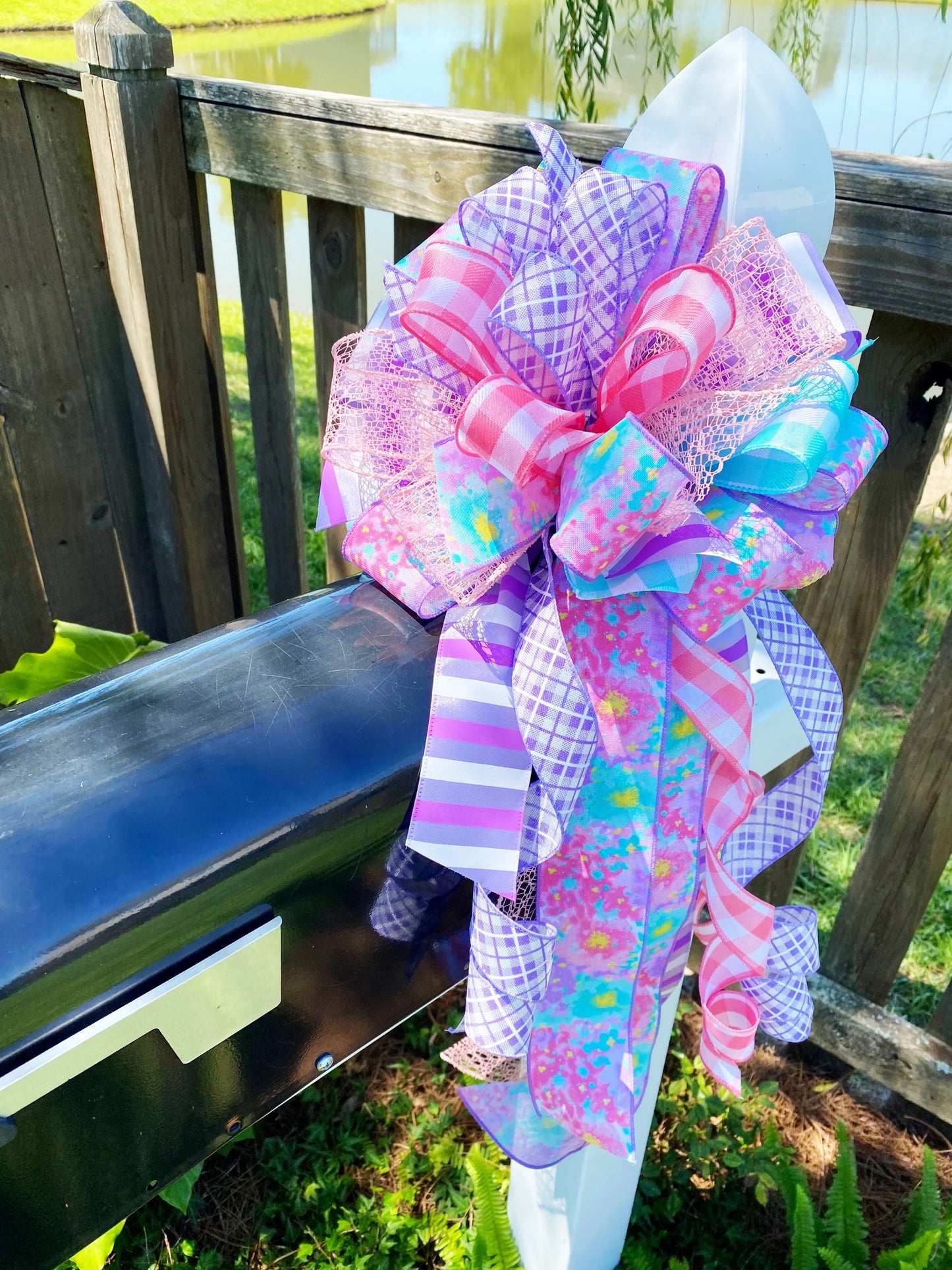 Spring Bow in Light Blue, Lavender, & Pink with Multiple Pattern Ribbons. Perfect for Mailbox, Door, and Wreath.