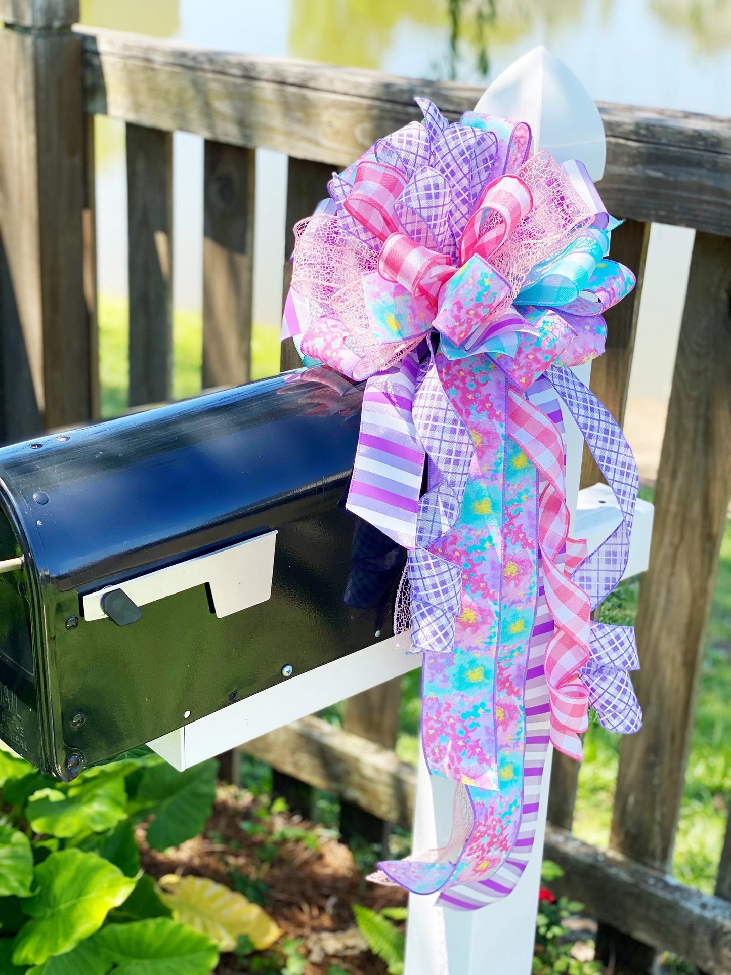 Spring Bow in Light Blue, Lavender, & Pink with Multiple Pattern Ribbons. Perfect for Mailbox, Door, and Wreath.