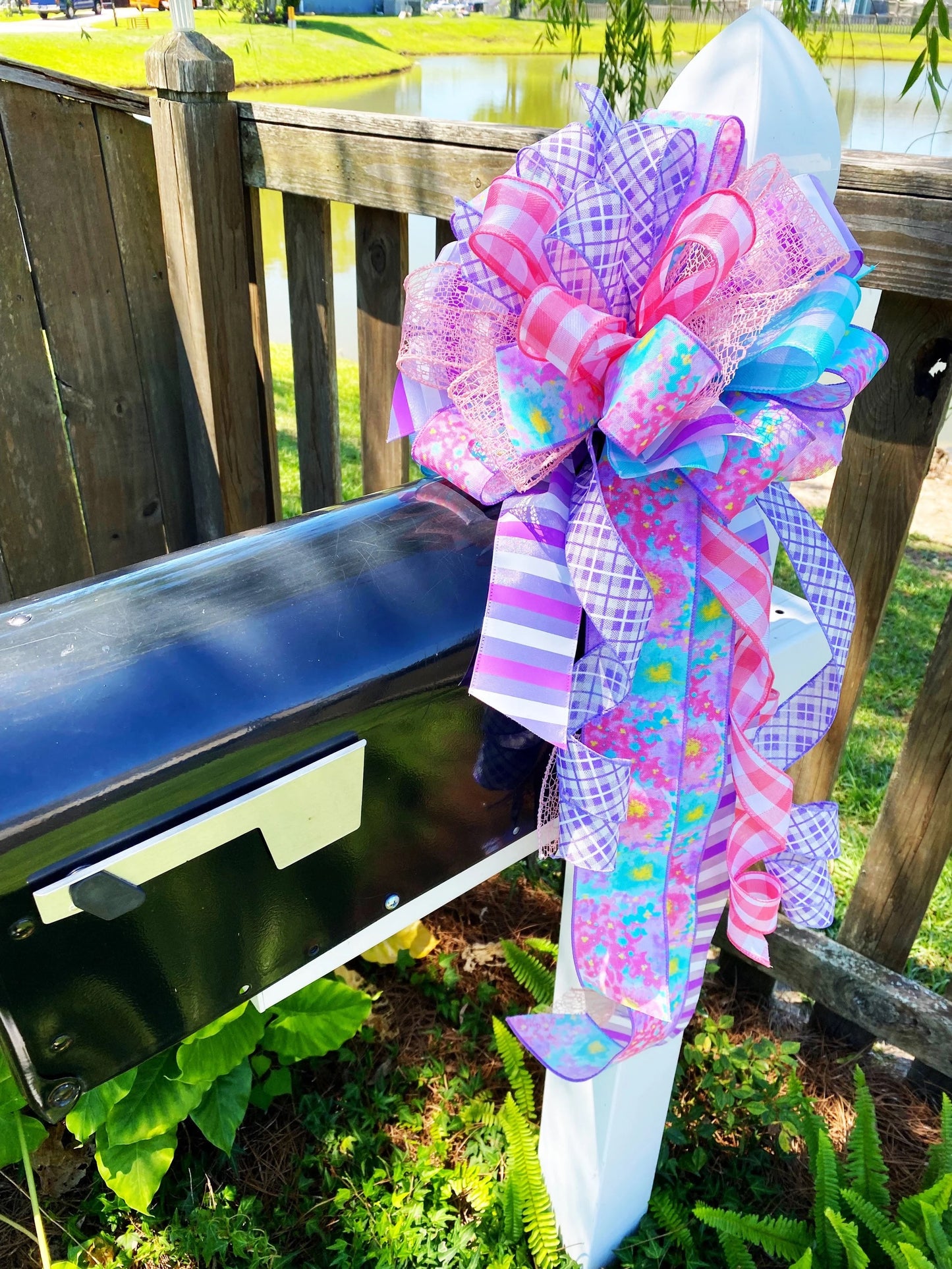 Spring Bow in Light Blue, Lavender, & Pink with Multiple Pattern Ribbons. Perfect for Mailbox, Door, and Wreath.