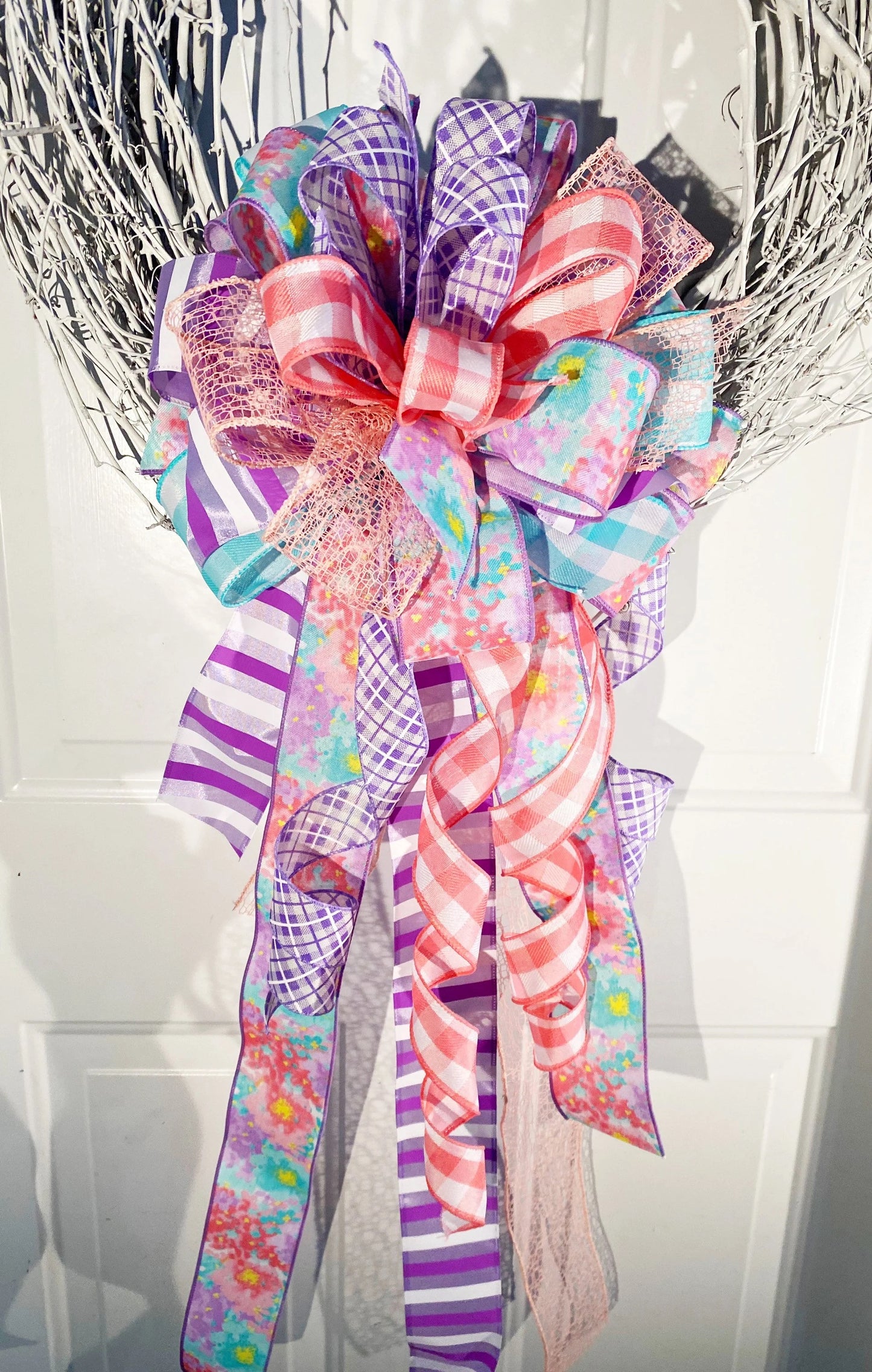 Spring Bow in Light Blue, Lavender, & Pink with Multiple Pattern Ribbons. Perfect for Mailbox, Door, and Wreath.