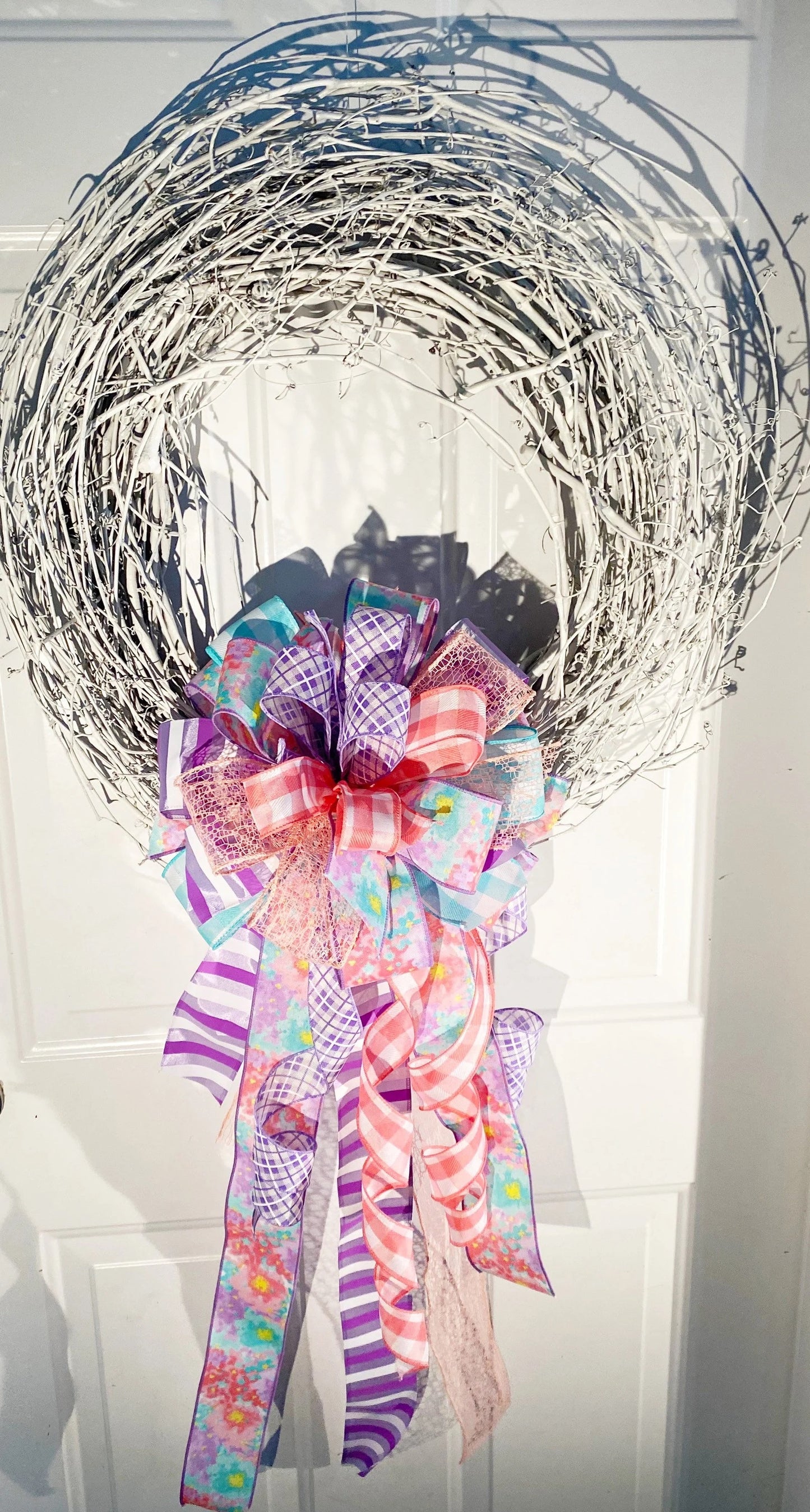 Spring Bow in Light Blue, Lavender, & Pink with Multiple Pattern Ribbons. Perfect for Mailbox, Door, and Wreath.