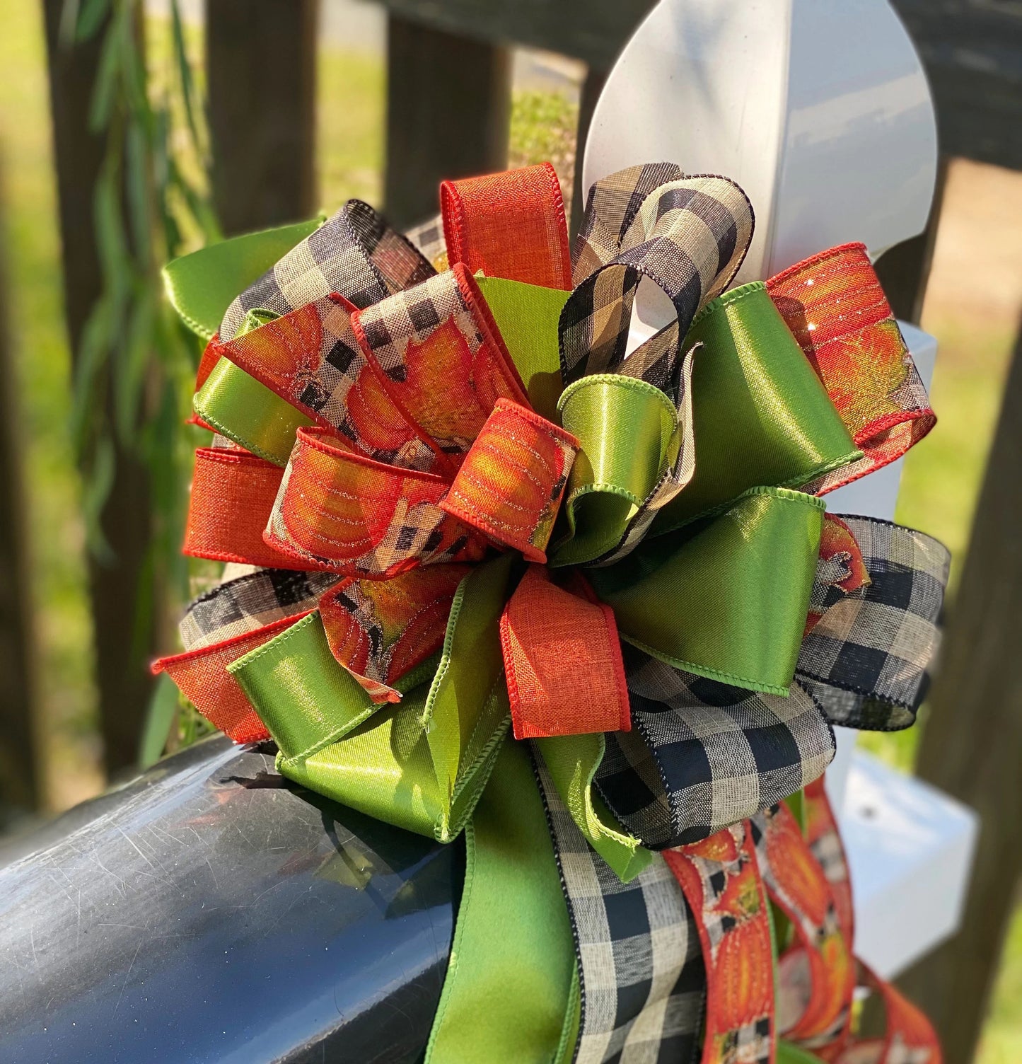 Fall Bow in Green, Beige, and Pumpkin Ribbon. Perfect for Mailbox, Door, and Wreath.