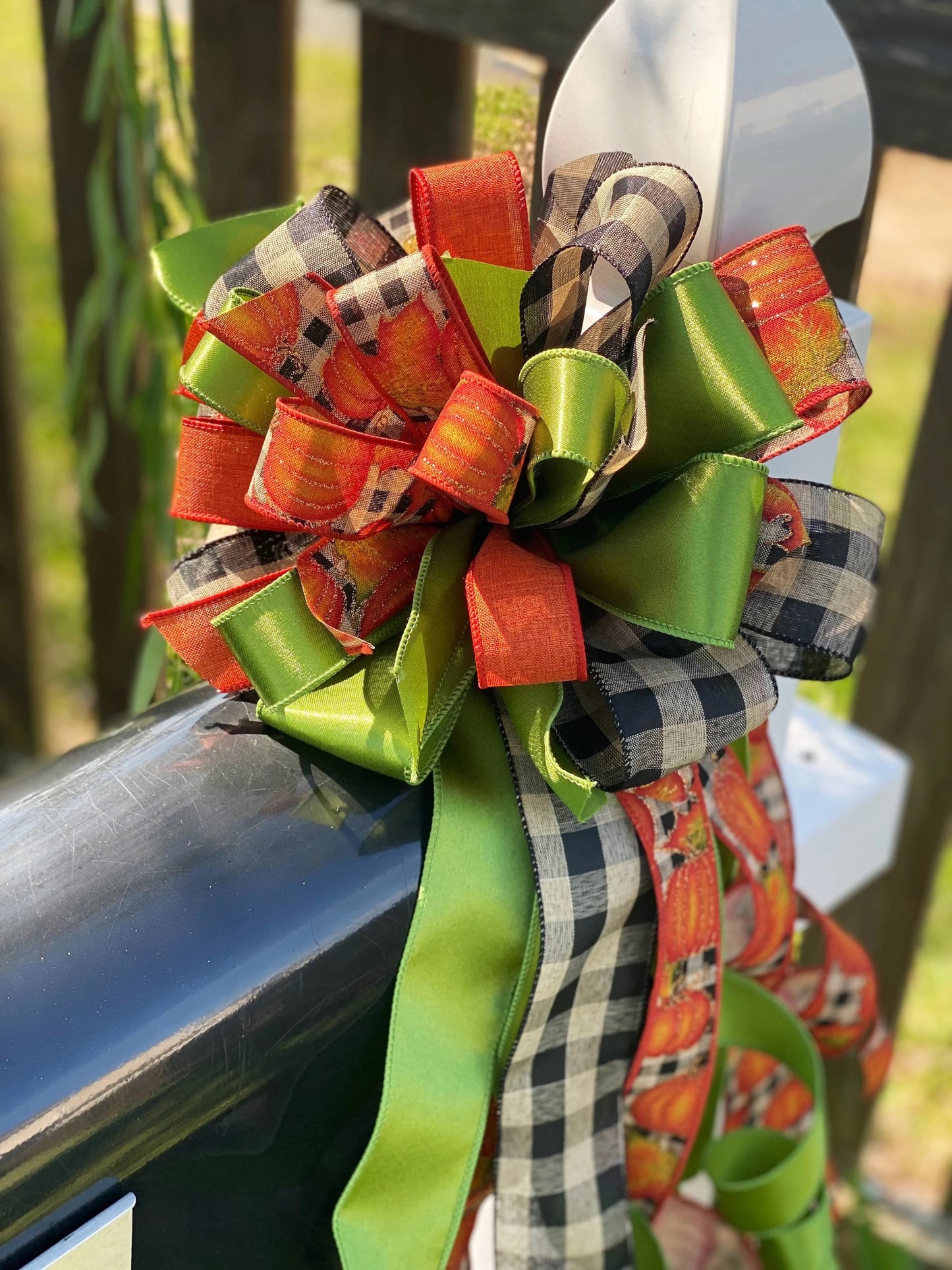 Fall Bow in Green, Beige, and Pumpkin Ribbon. Perfect for Mailbox, Door, and Wreath.