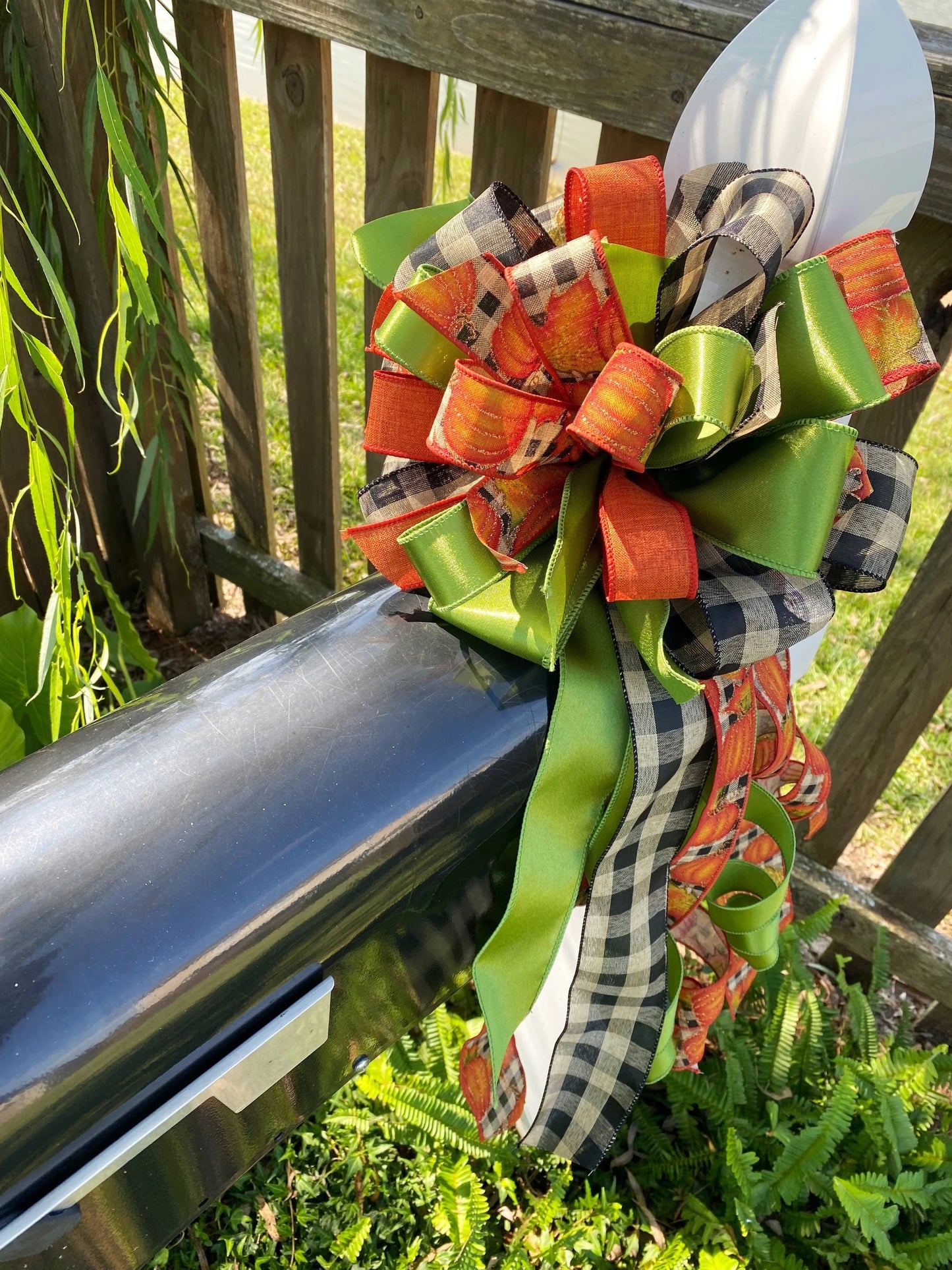 Fall Bow in Green, Beige, and Pumpkin Ribbon. Perfect for Mailbox, Door, and Wreath.