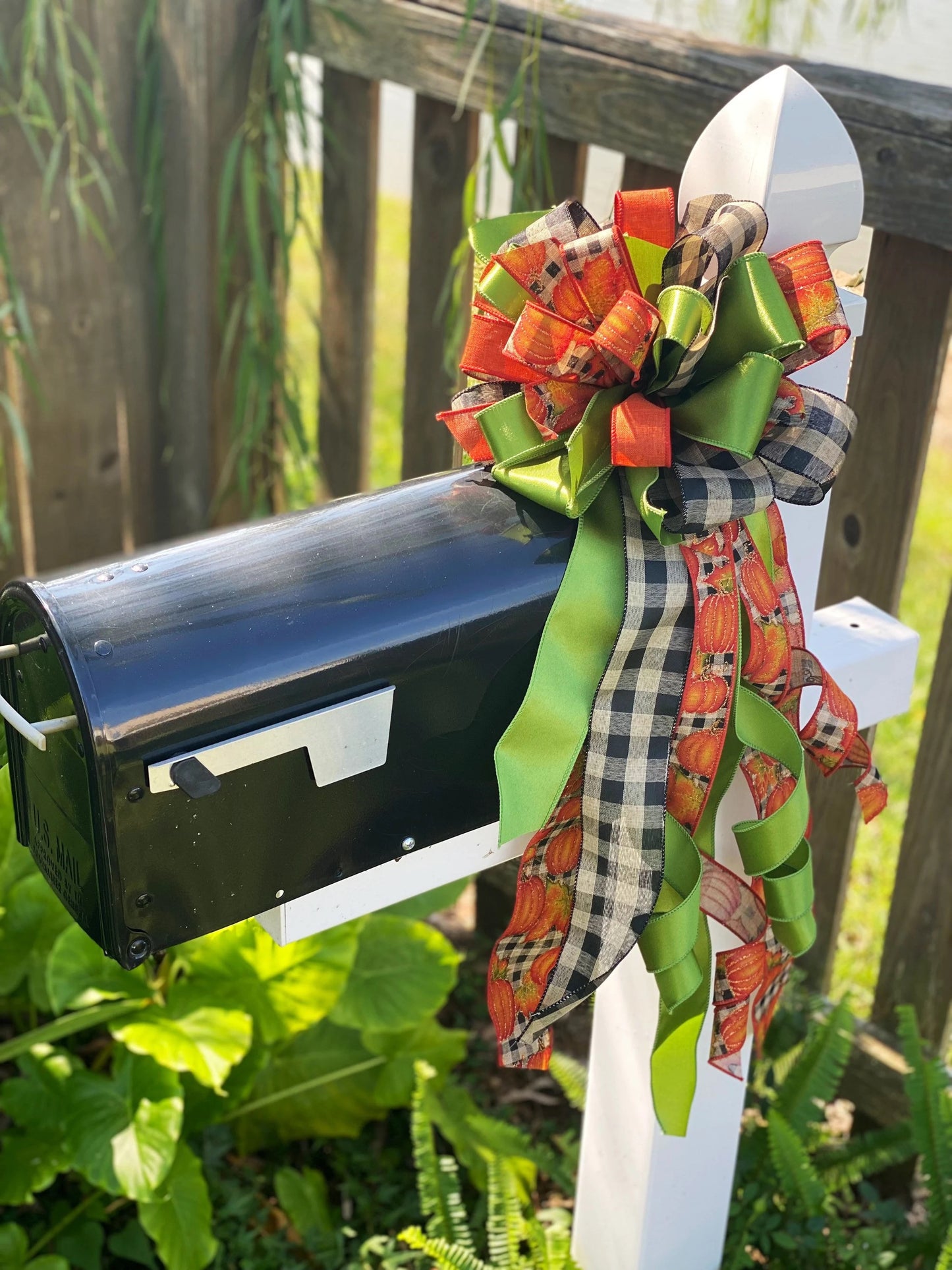 Fall Bow in Green, Beige, and Pumpkin Ribbon. Perfect for Mailbox, Door, and Wreath.