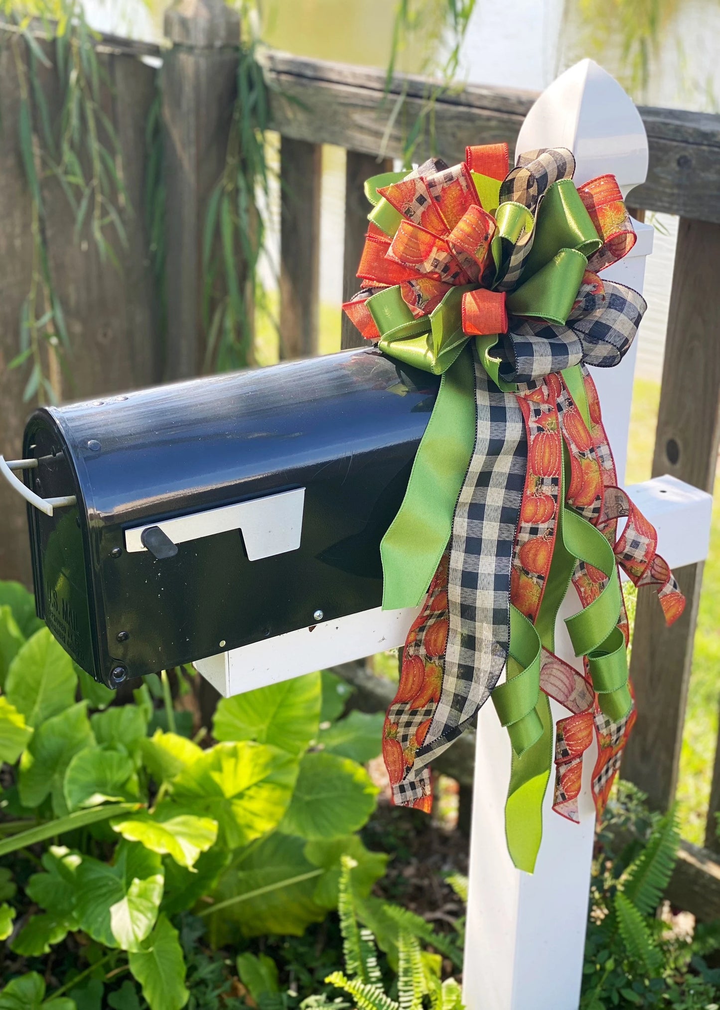 Fall Bow in Green, Beige, and Pumpkin Ribbon. Perfect for Mailbox, Door, and Wreath.