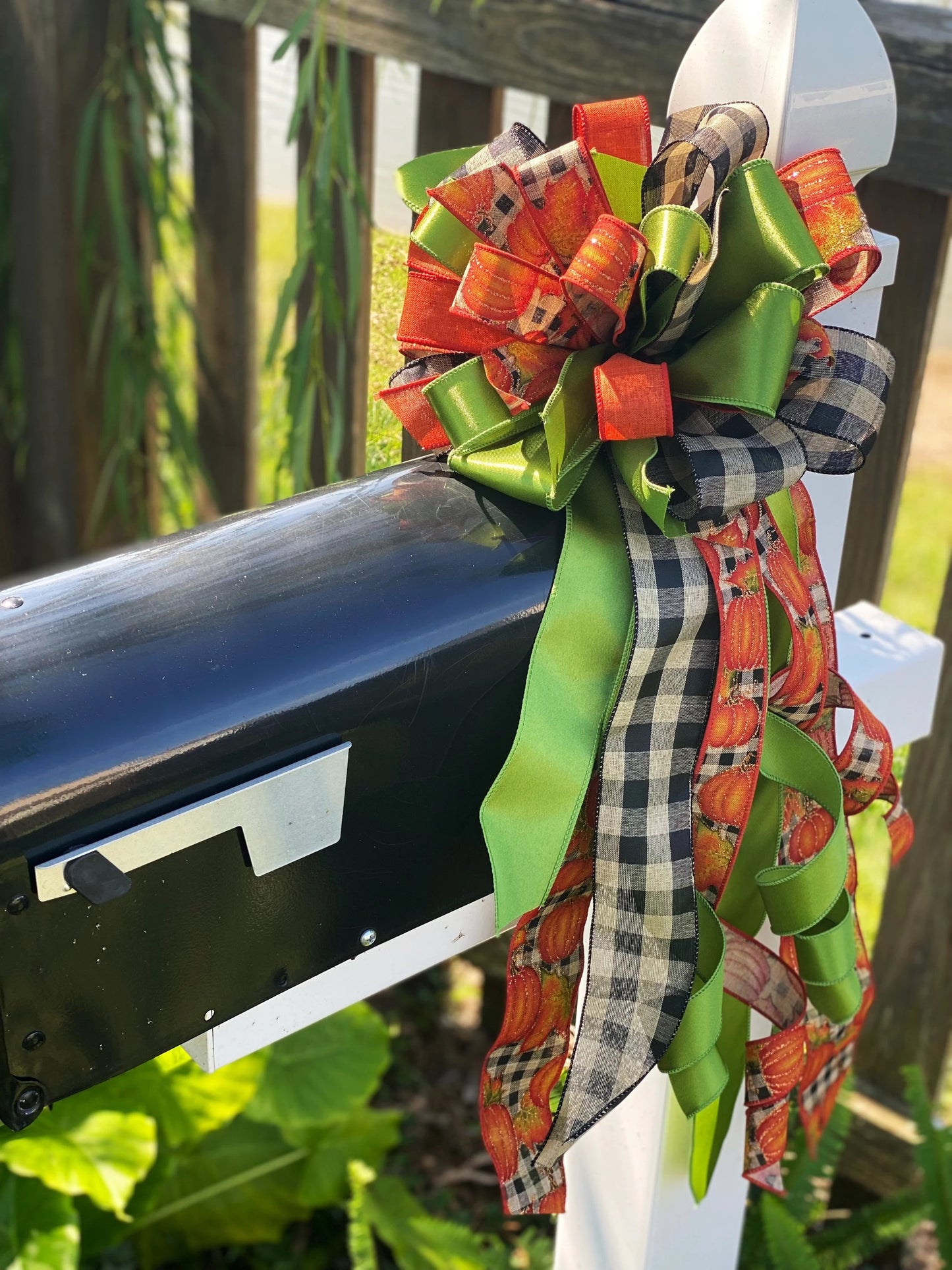 Fall Bow in Green, Beige, and Pumpkin Ribbon. Perfect for Mailbox, Door, and Wreath.