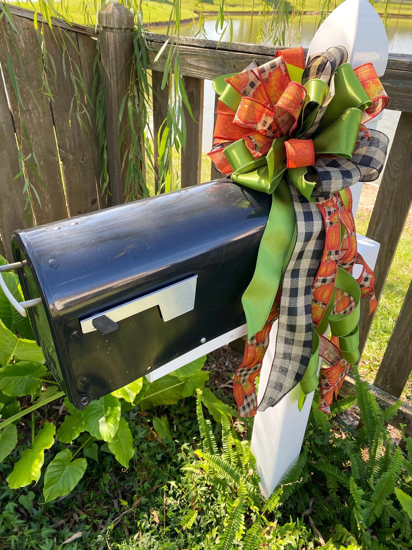 Fall Bow in Green, Beige, and Pumpkin Ribbon. Perfect for Mailbox, Door, and Wreath.