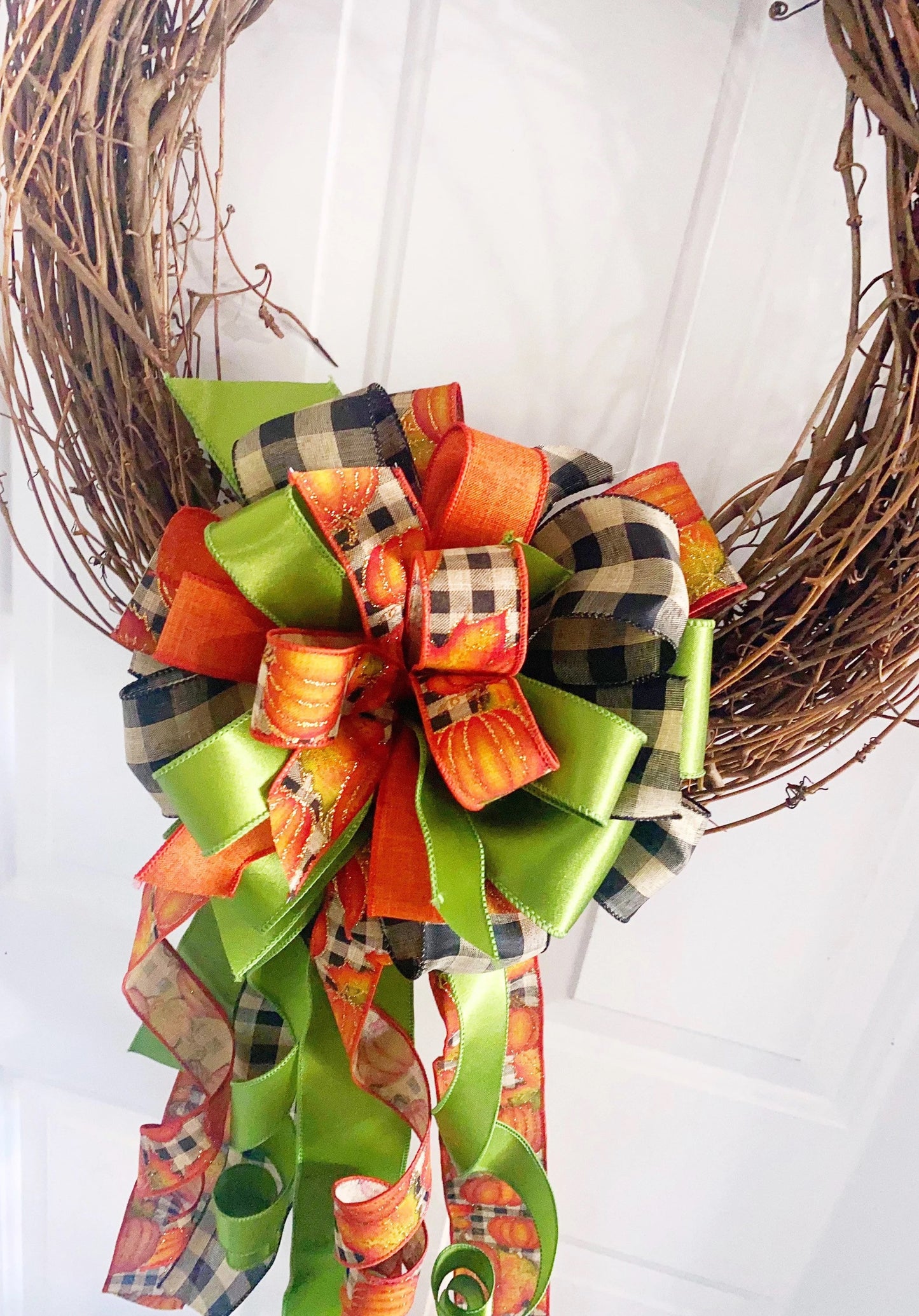 Fall Bow in Green, Beige, and Pumpkin Ribbon. Perfect for Mailbox, Door, and Wreath.