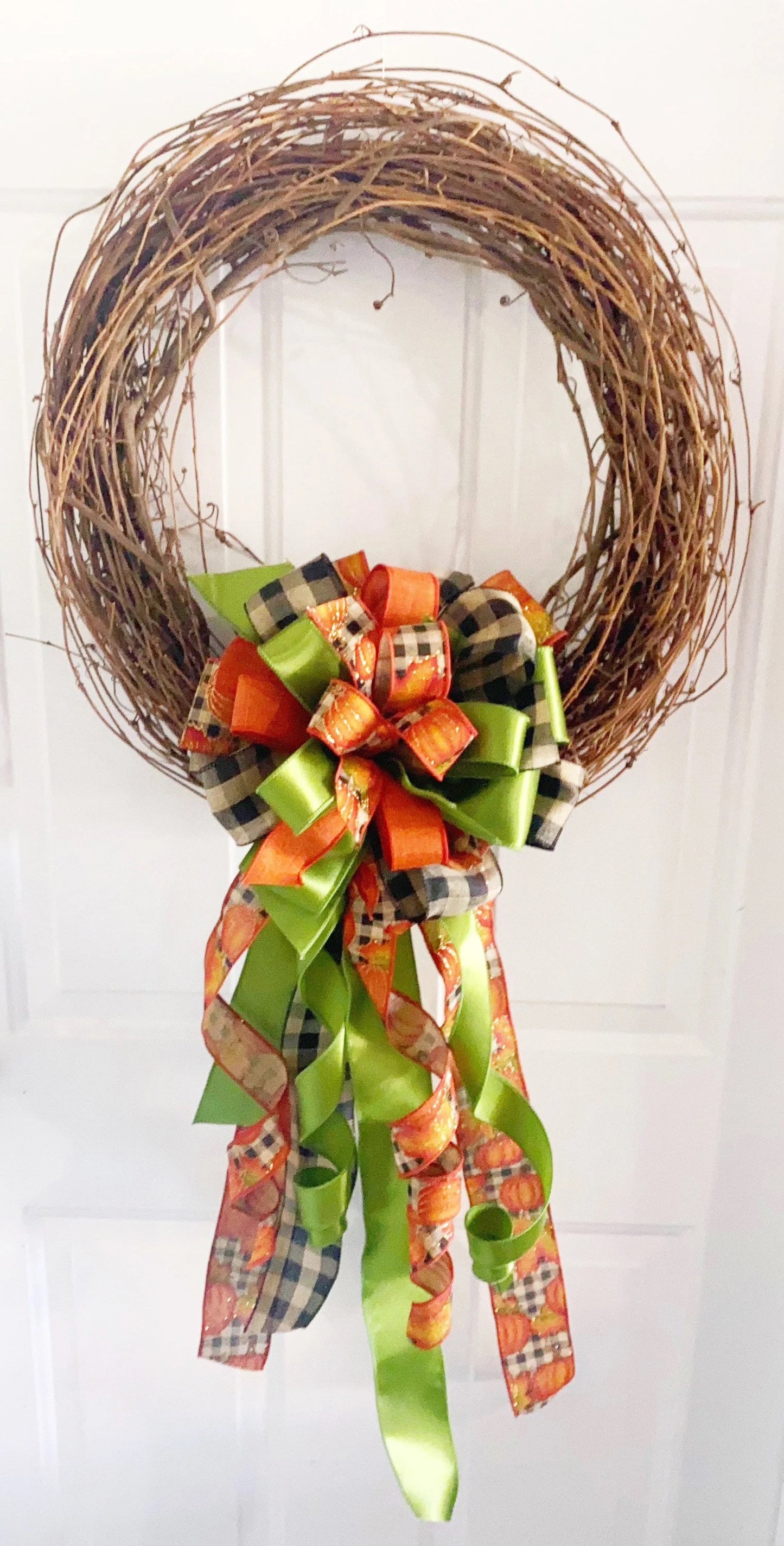 Fall Bow in Green, Beige, and Pumpkin Ribbon. Perfect for Mailbox, Door, and Wreath.