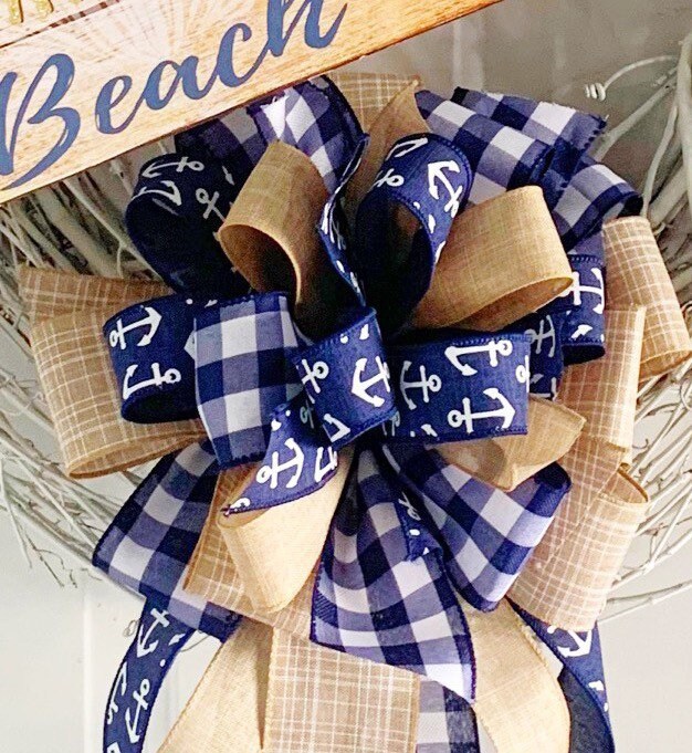 Summer Bow in Navy Blue and Beige Featuring Nautical Anchors. Perfect for Mailbox, Door, and Wreath.