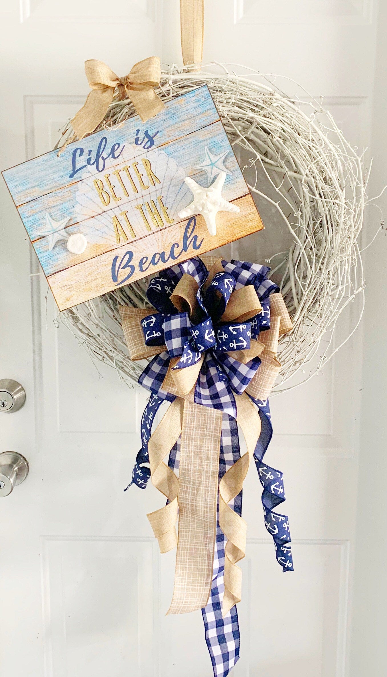 Summer Bow in Navy Blue and Beige Featuring Nautical Anchors. Perfect for Mailbox, Door, and Wreath.