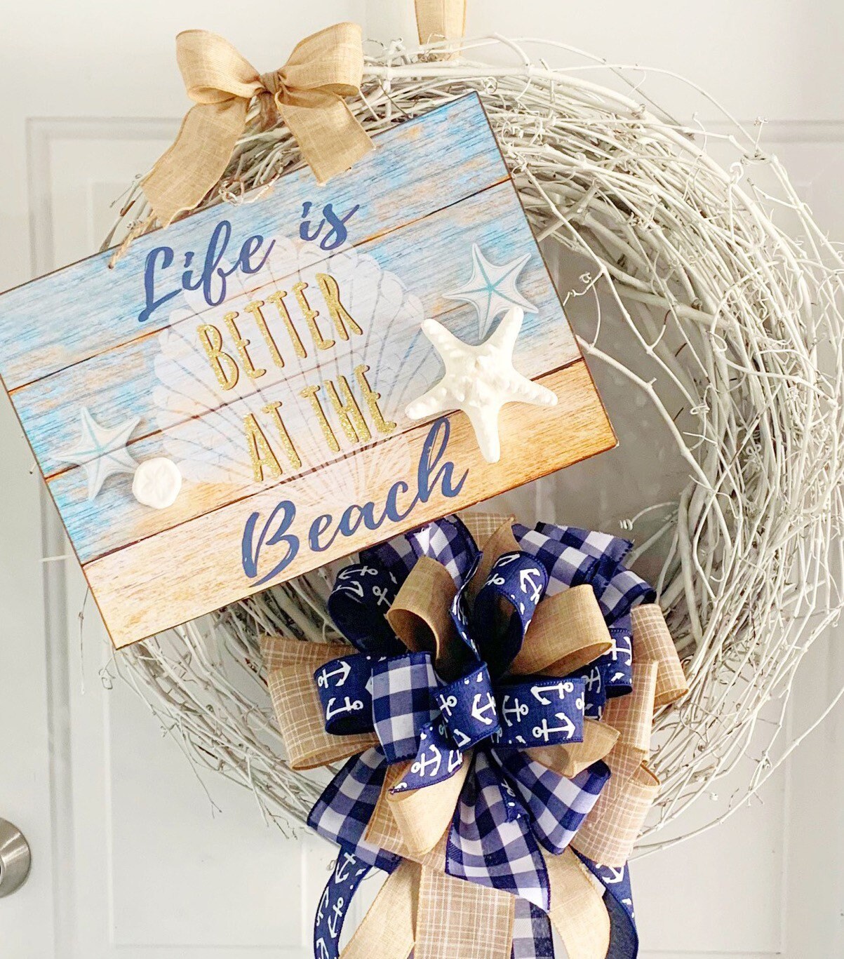 Summer Bow in Navy Blue and Beige Featuring Nautical Anchors. Perfect for Mailbox, Door, and Wreath.