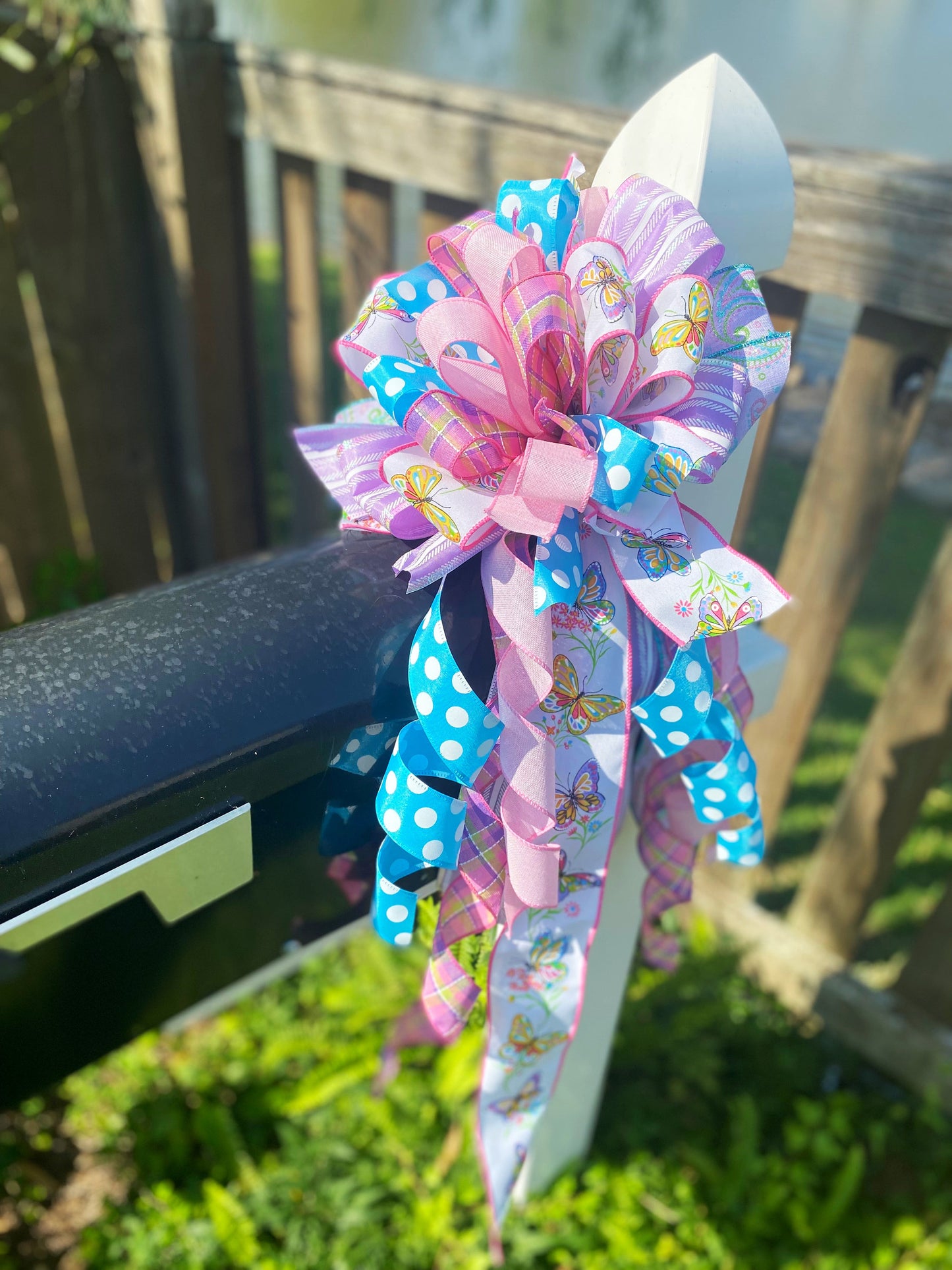 Pastel Bow with Polka Dots & Plaids Featuring Butterflies. Perfect for Mailbox, Door, and Wreath.