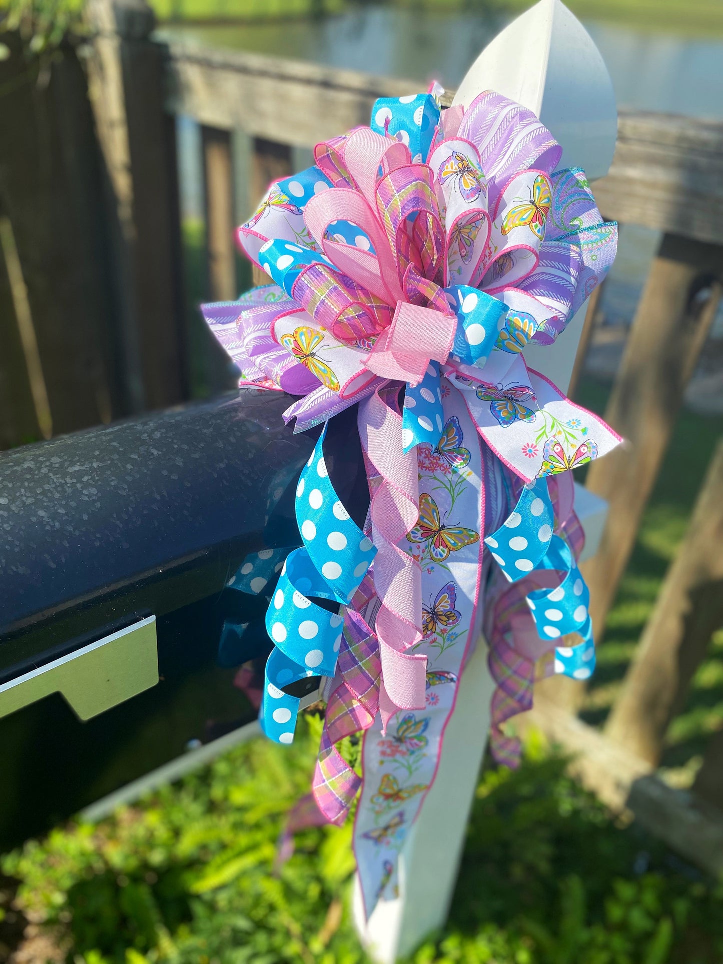 Pastel Bow with Polka Dots & Plaids Featuring Butterflies. Perfect for Mailbox, Door, and Wreath.