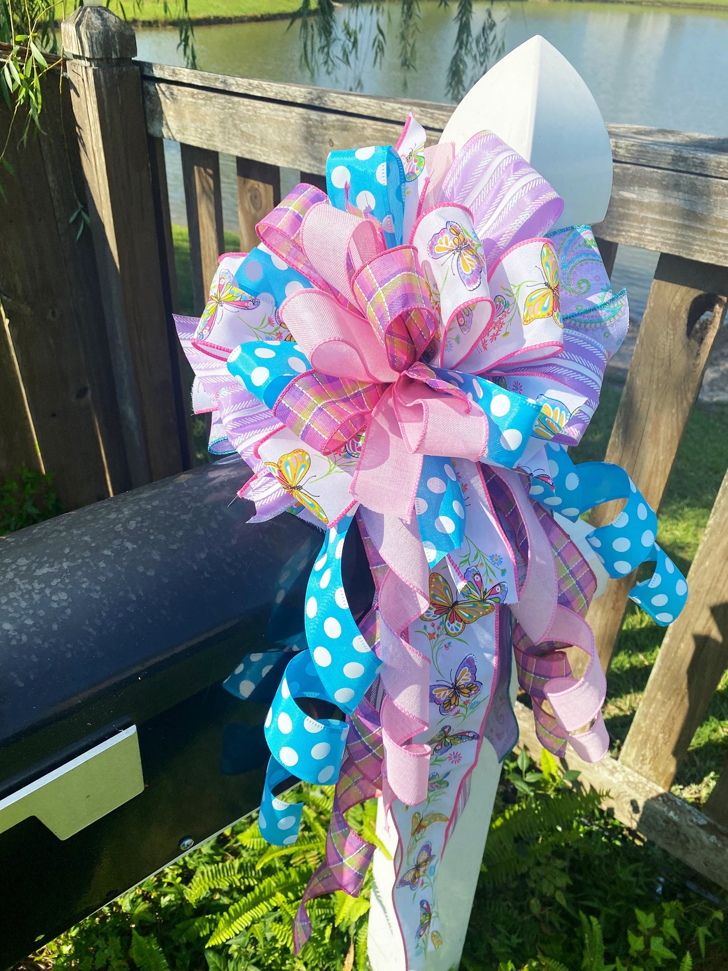 Pastel Bow with Polka Dots & Plaids Featuring Butterflies. Perfect for Mailbox, Door, and Wreath.