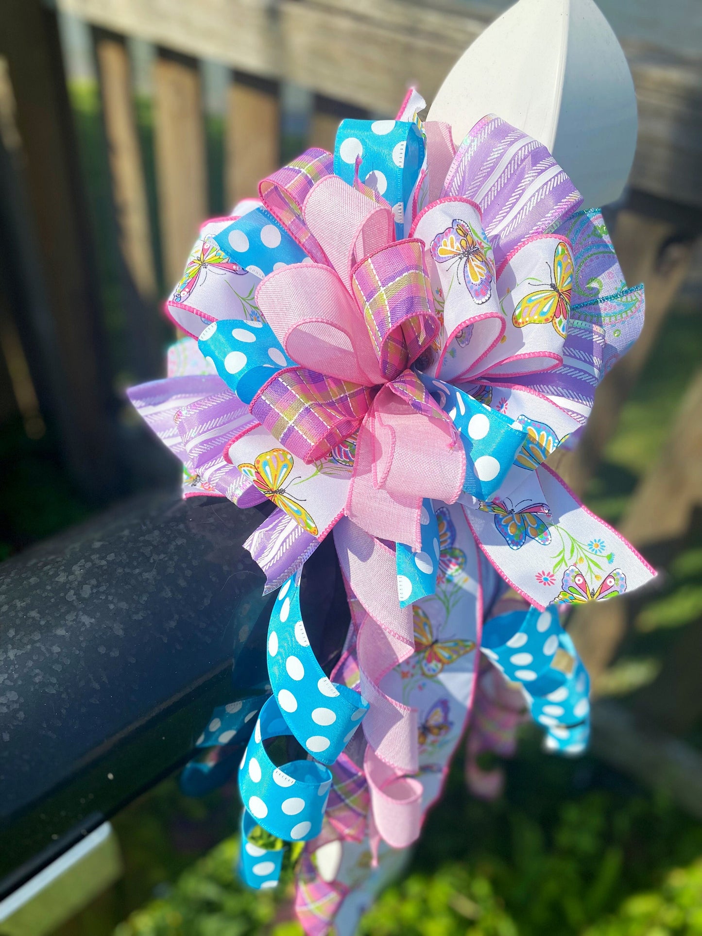 Pastel Bow with Polka Dots & Plaids Featuring Butterflies. Perfect for Mailbox, Door, and Wreath.