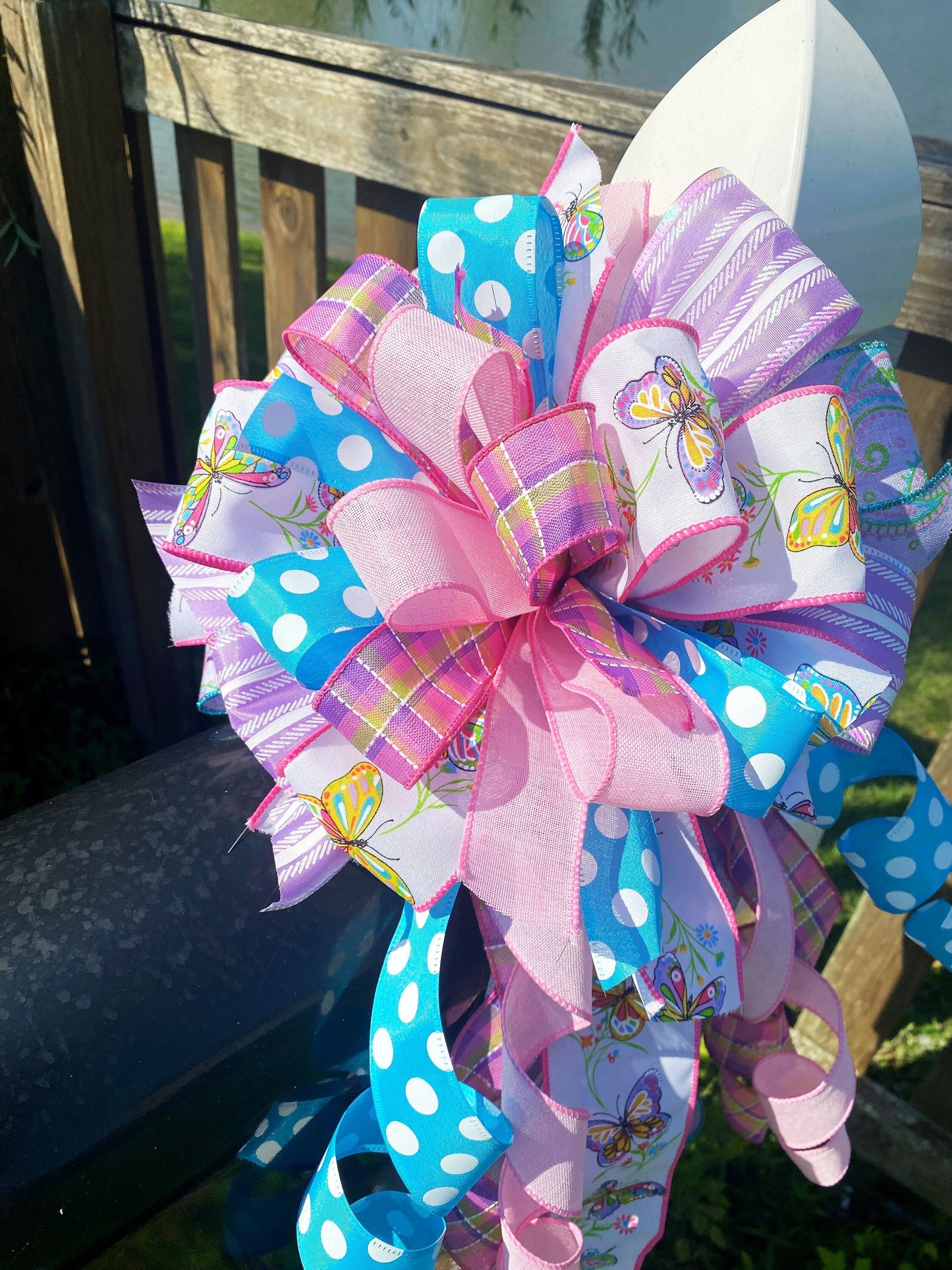 Pastel Bow with Polka Dots & Plaids Featuring Butterflies. Perfect for Mailbox, Door, and Wreath.