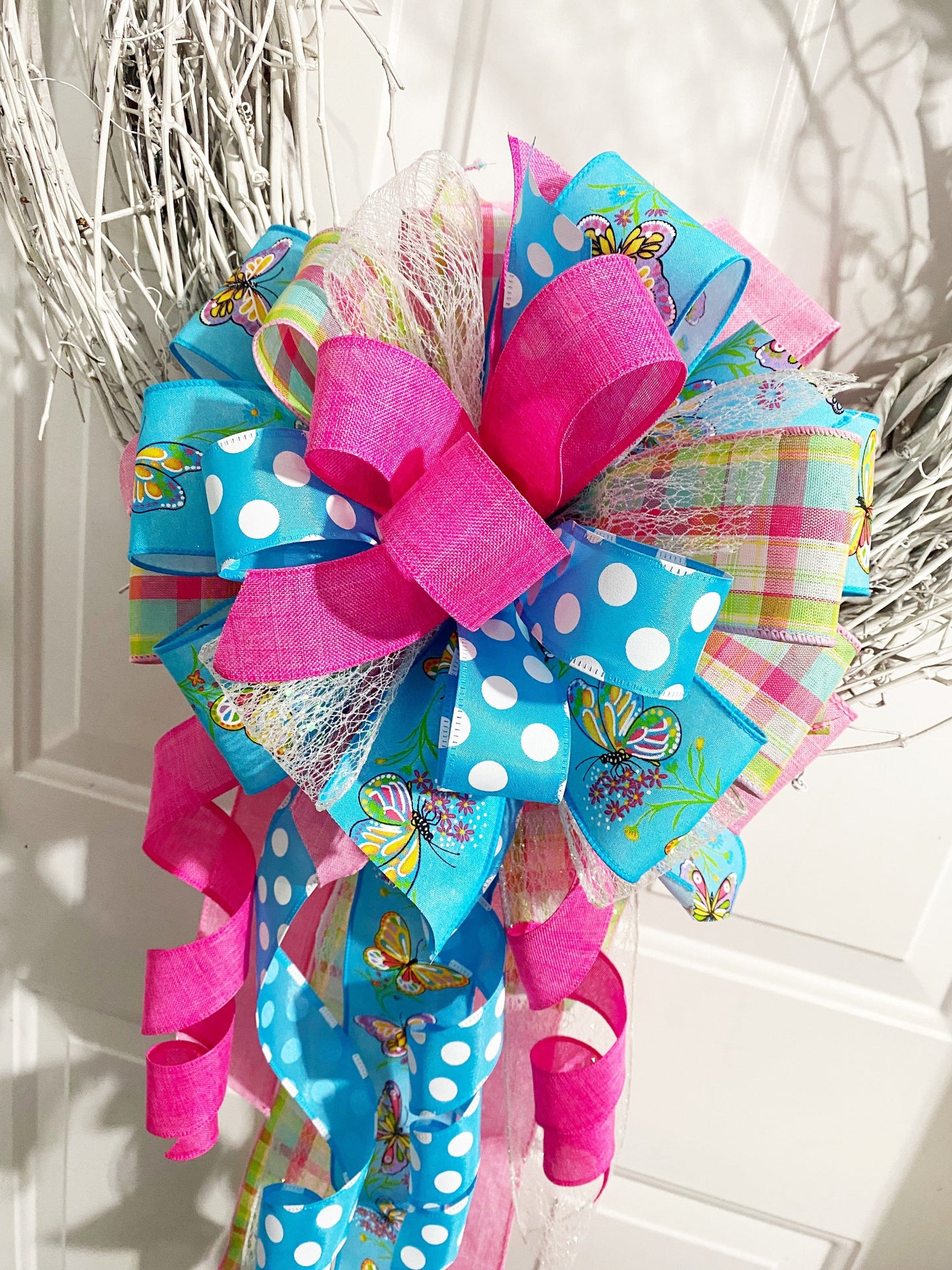 Pastel Bow with Blue Polka Dots & Plaids Featuring Butterflies. Perfect for Mailbox, Door, and Wreath.