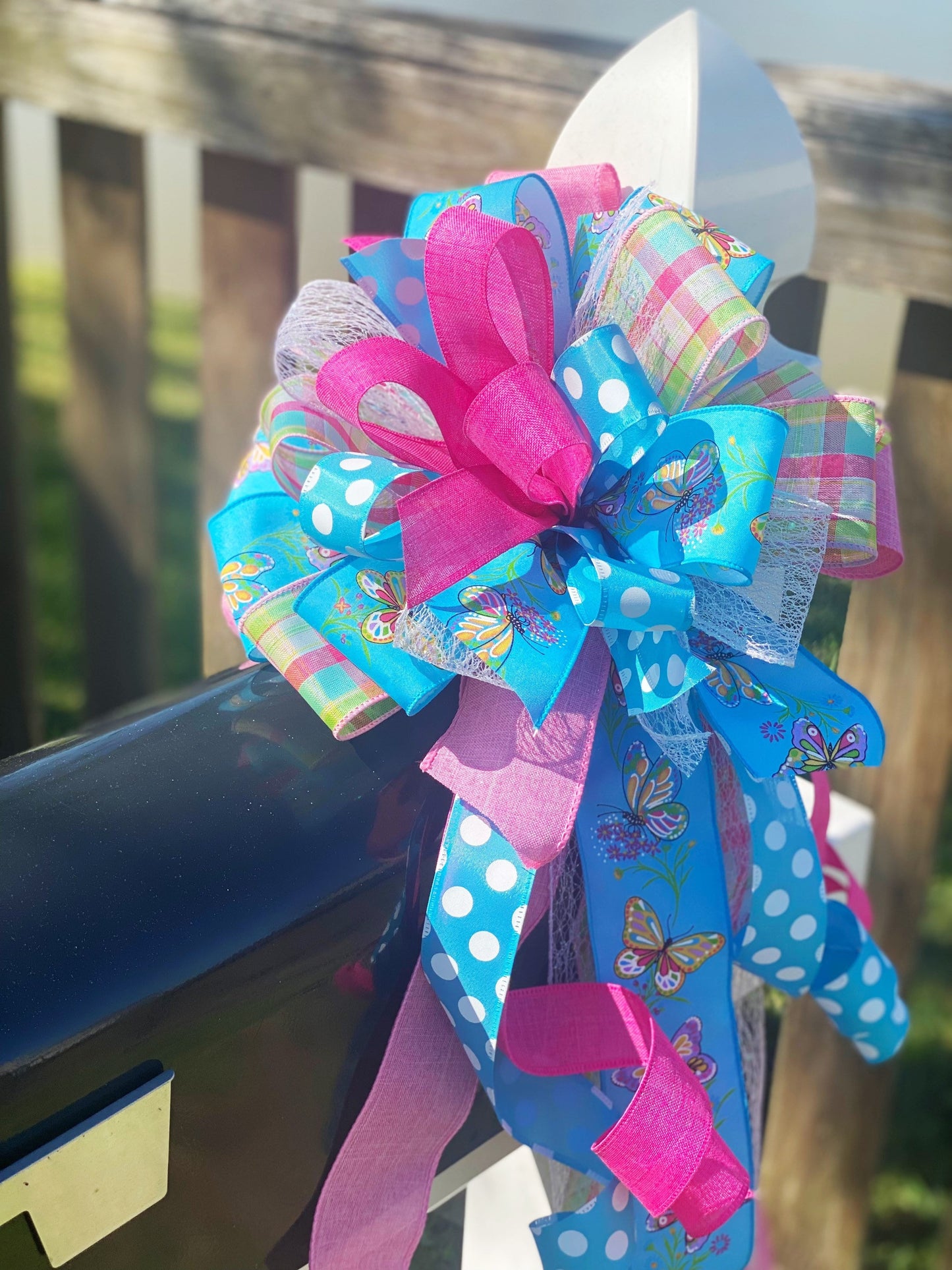 Pastel Bow with Blue Polka Dots & Plaids Featuring Butterflies. Perfect for Mailbox, Door, and Wreath.