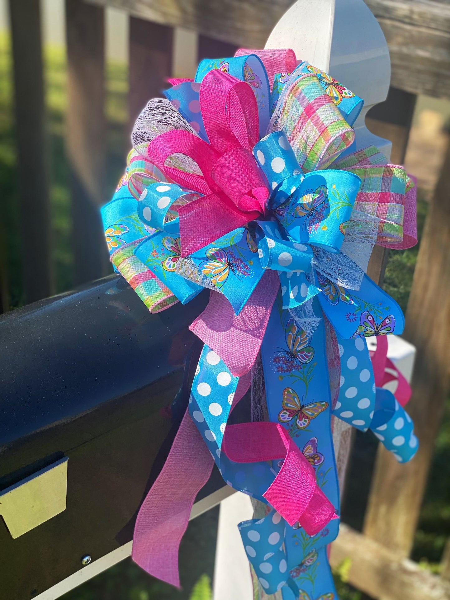 Pastel Bow with Blue Polka Dots & Plaids Featuring Butterflies. Perfect for Mailbox, Door, and Wreath.