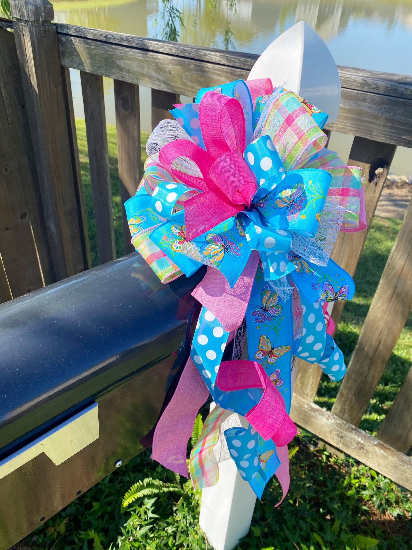 Pastel Bow with Blue Polka Dots & Plaids Featuring Butterflies. Perfect for Mailbox, Door, and Wreath.