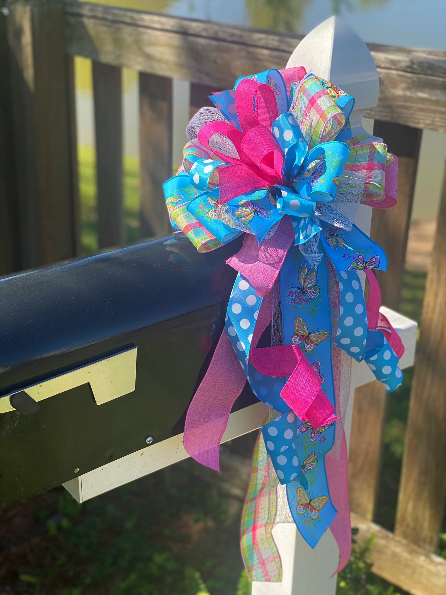 Pastel Bow with Blue Polka Dots & Plaids Featuring Butterflies. Perfect for Mailbox, Door, and Wreath.