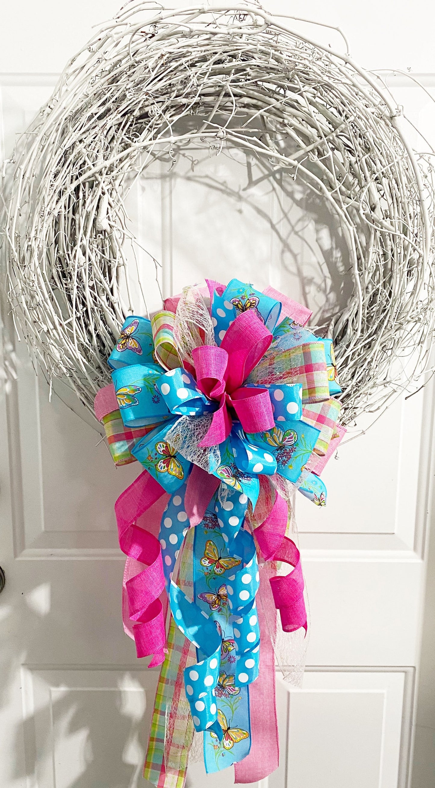 Pastel Bow with Blue Polka Dots & Plaids Featuring Butterflies. Perfect for Mailbox, Door, and Wreath.