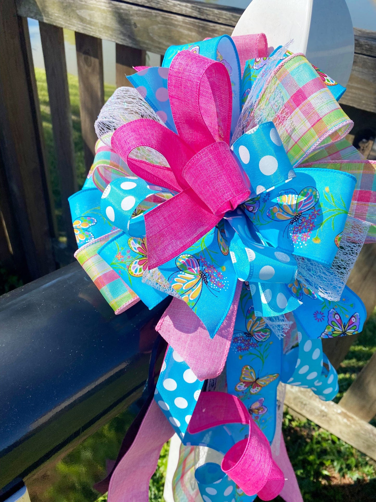 Pastel Bow with Blue Polka Dots & Plaids Featuring Butterflies. Perfect for Mailbox, Door, and Wreath.