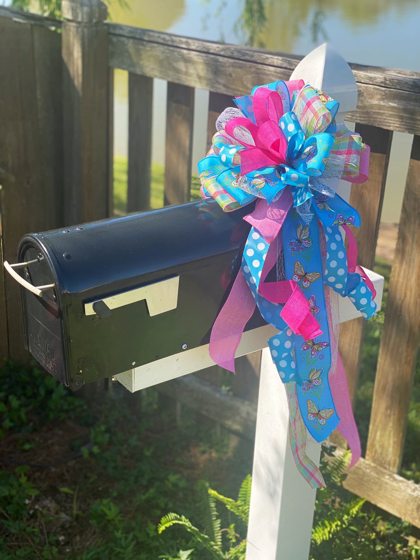 Pastel Bow with Blue Polka Dots & Plaids Featuring Butterflies. Perfect for Mailbox, Door, and Wreath.