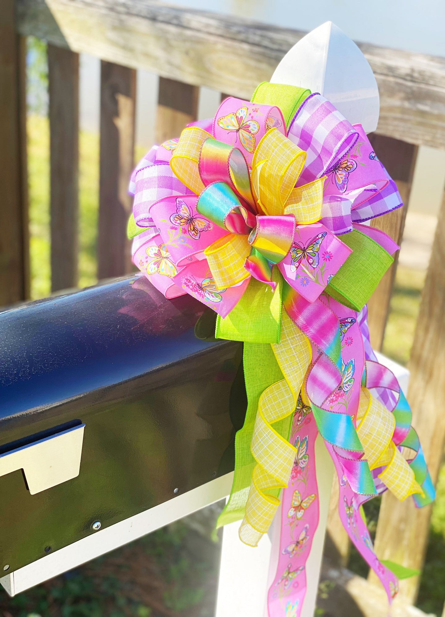 Bright Summer Bow in Purple, Yellow, and Multicolors Featuring Butterflies. Perfect for Mailbox, Door, and Wreath.