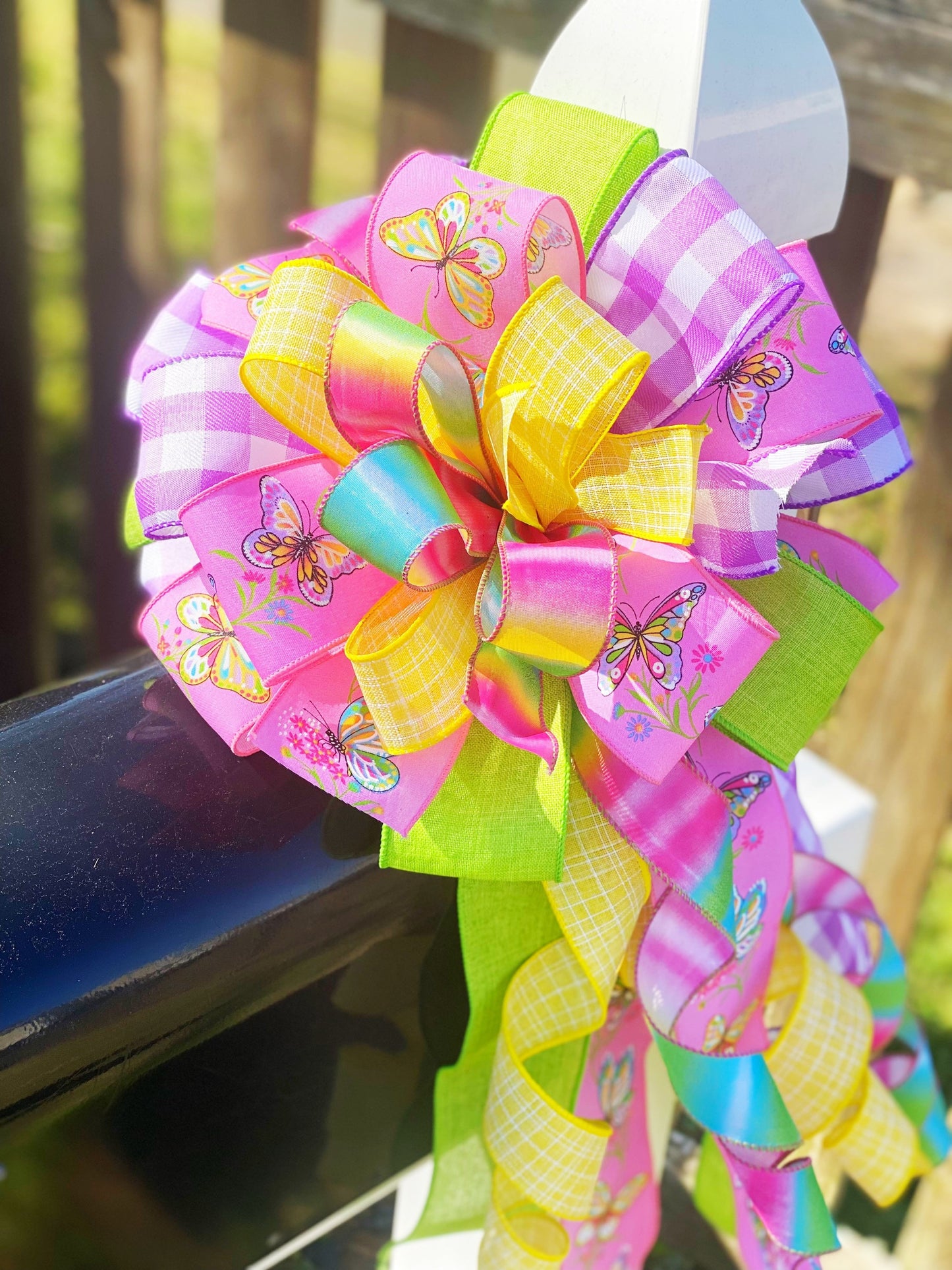 Bright Summer Bow in Purple, Yellow, and Multicolors Featuring Butterflies. Perfect for Mailbox, Door, and Wreath.