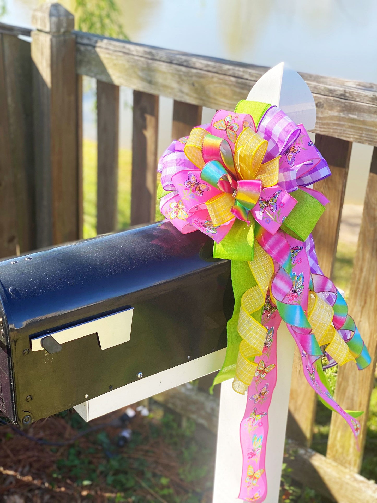 Bright Summer Bow in Purple, Yellow, and Multicolors Featuring Butterflies. Perfect for Mailbox, Door, and Wreath.