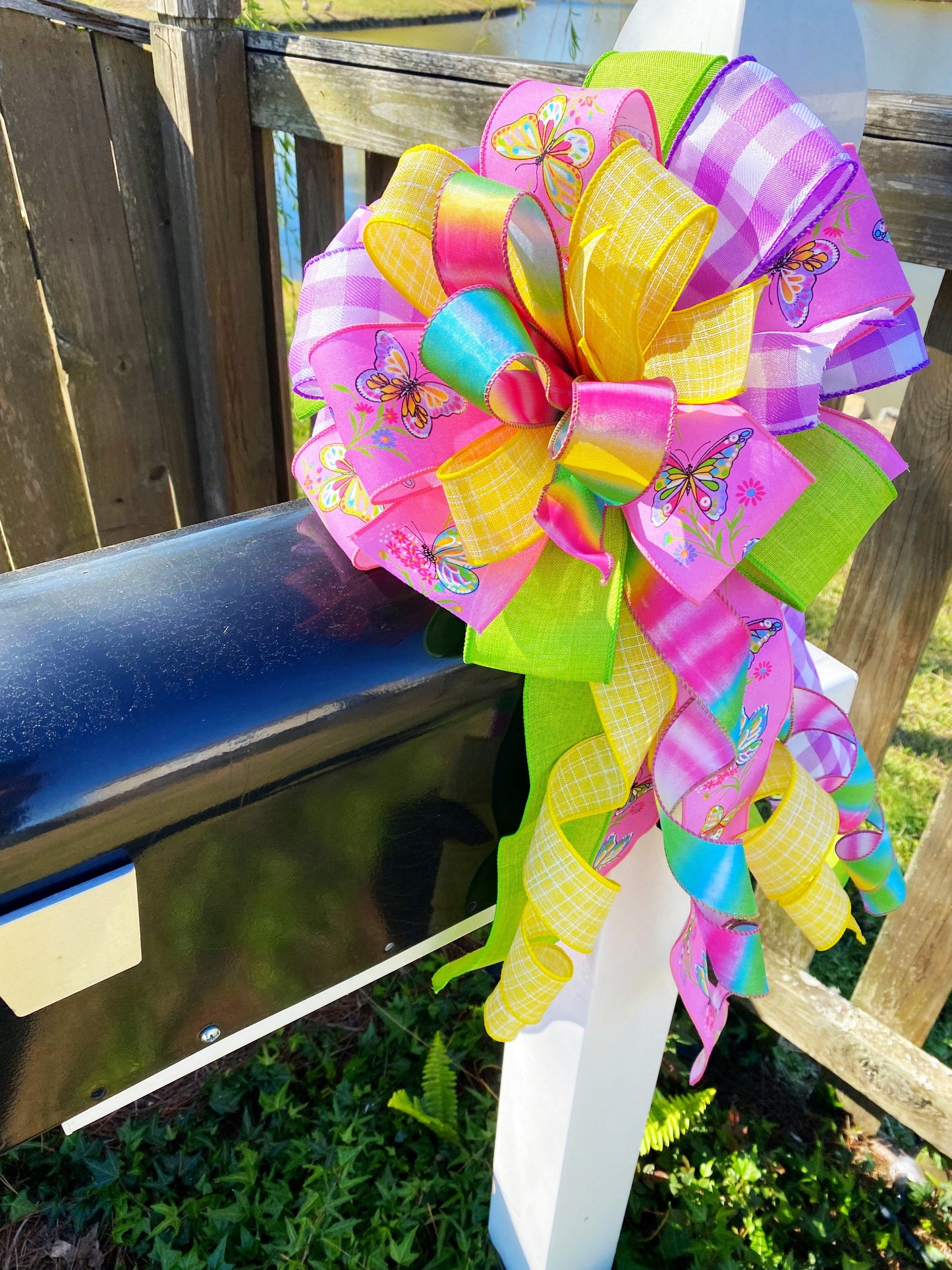 Bright Summer Bow in Purple, Yellow, and Multicolors Featuring Butterflies. Perfect for Mailbox, Door, and Wreath.