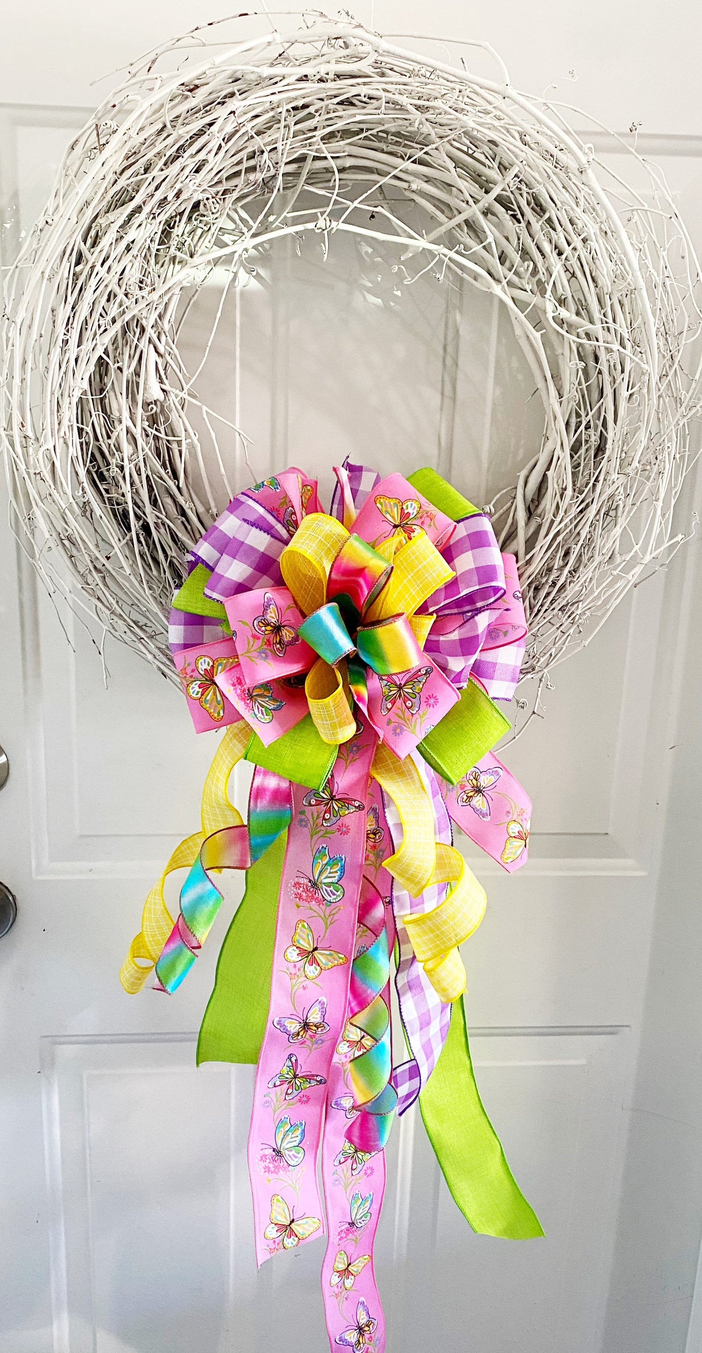 Bright Summer Bow in Purple, Yellow, and Multicolors Featuring Butterflies. Perfect for Mailbox, Door, and Wreath.