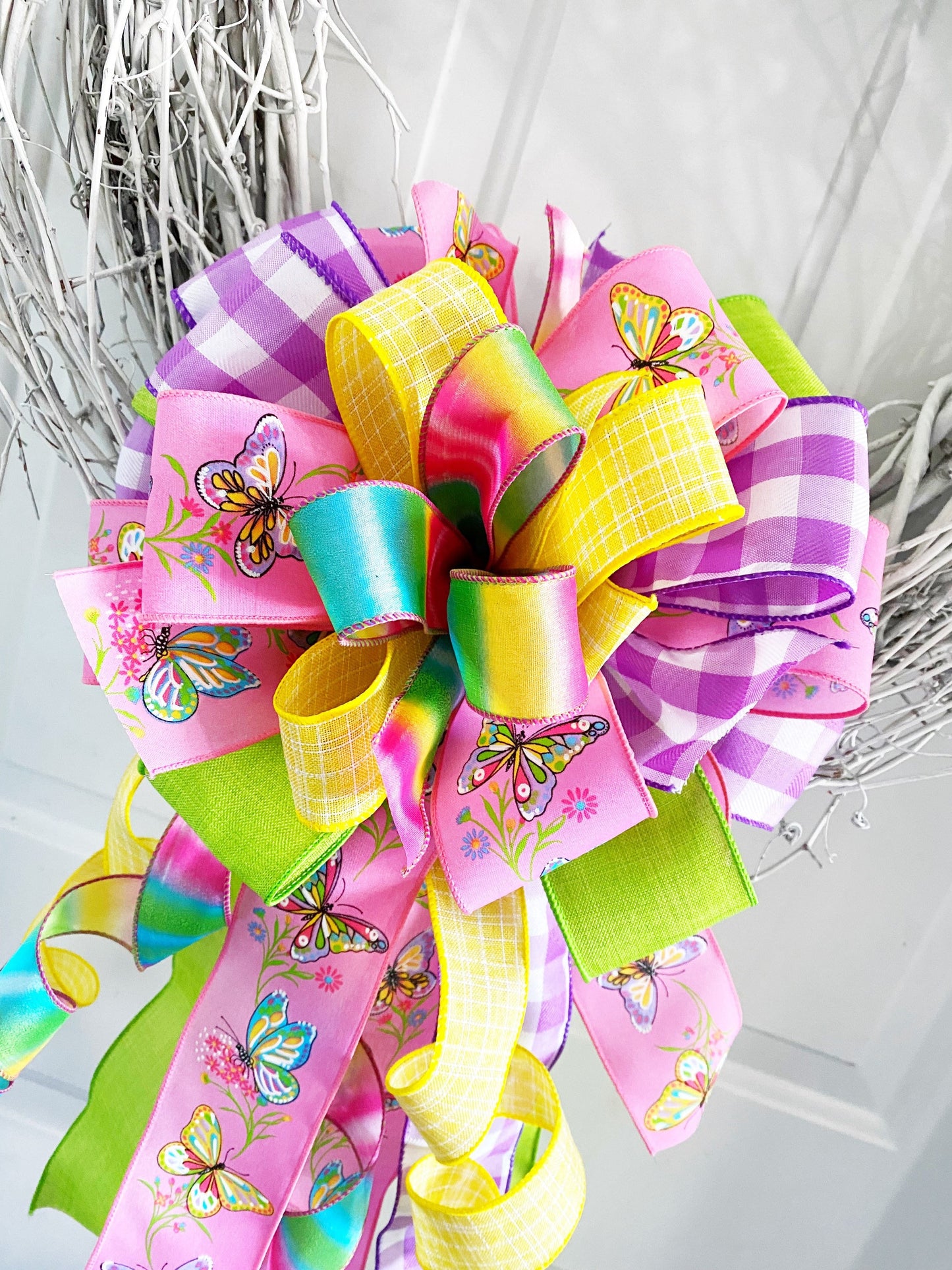 Bright Summer Bow in Purple, Yellow, and Multicolors Featuring Butterflies. Perfect for Mailbox, Door, and Wreath.