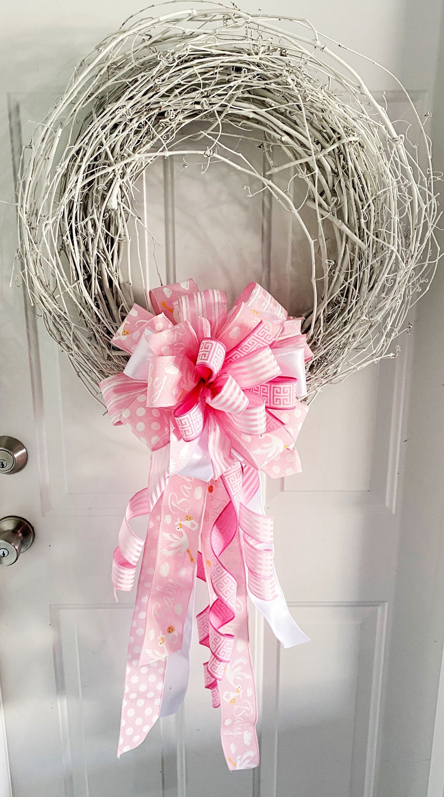 Baby Girl Bow in Pink and White, Featuring Polka Dots and Stork. Perfect for Mailbox, Door, and Wreath.