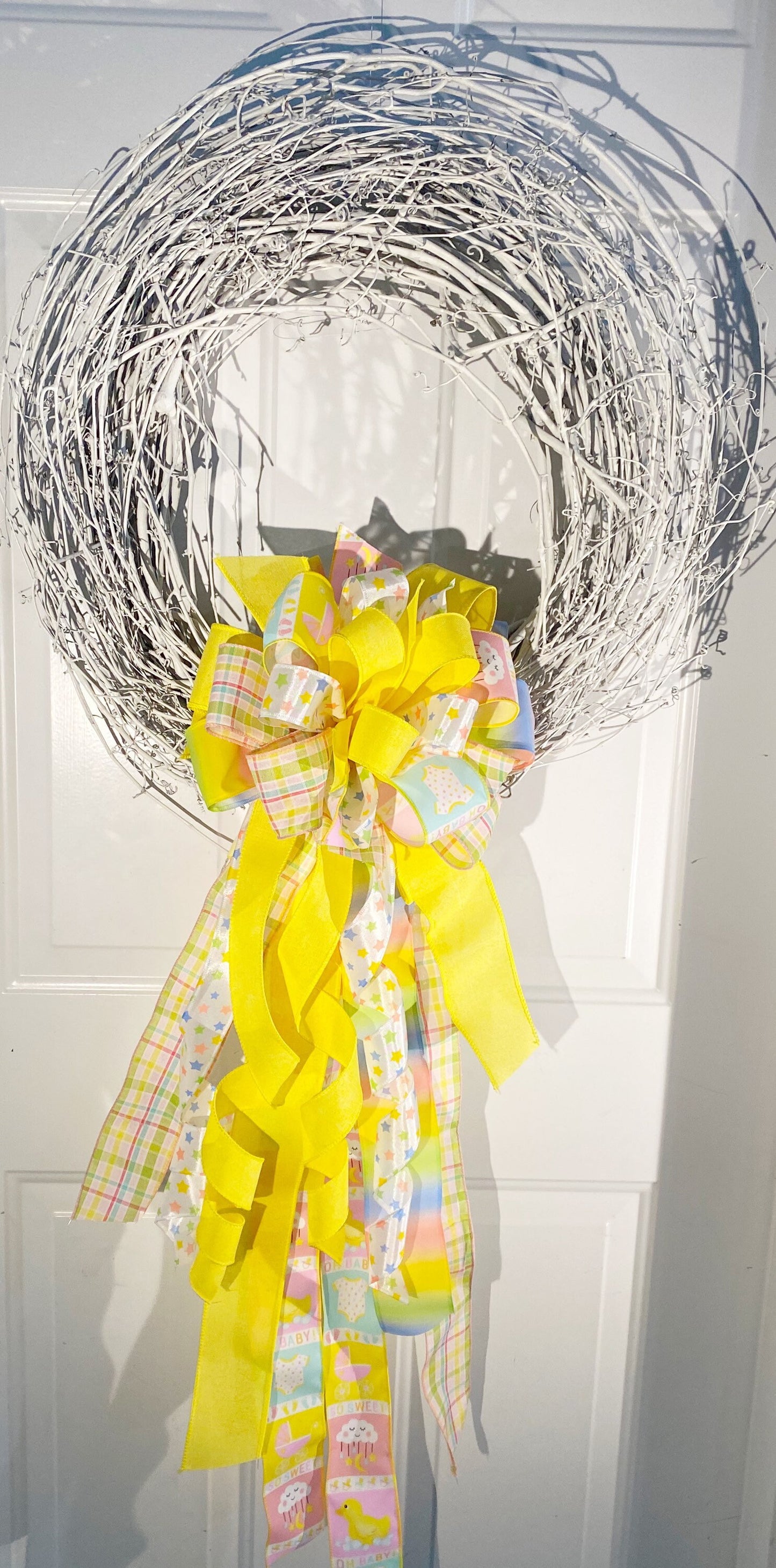 Gender Neutral Baby Bow in Yellow, Pink, and Blue. Perfect for Mailbox, Door, and Wreath.