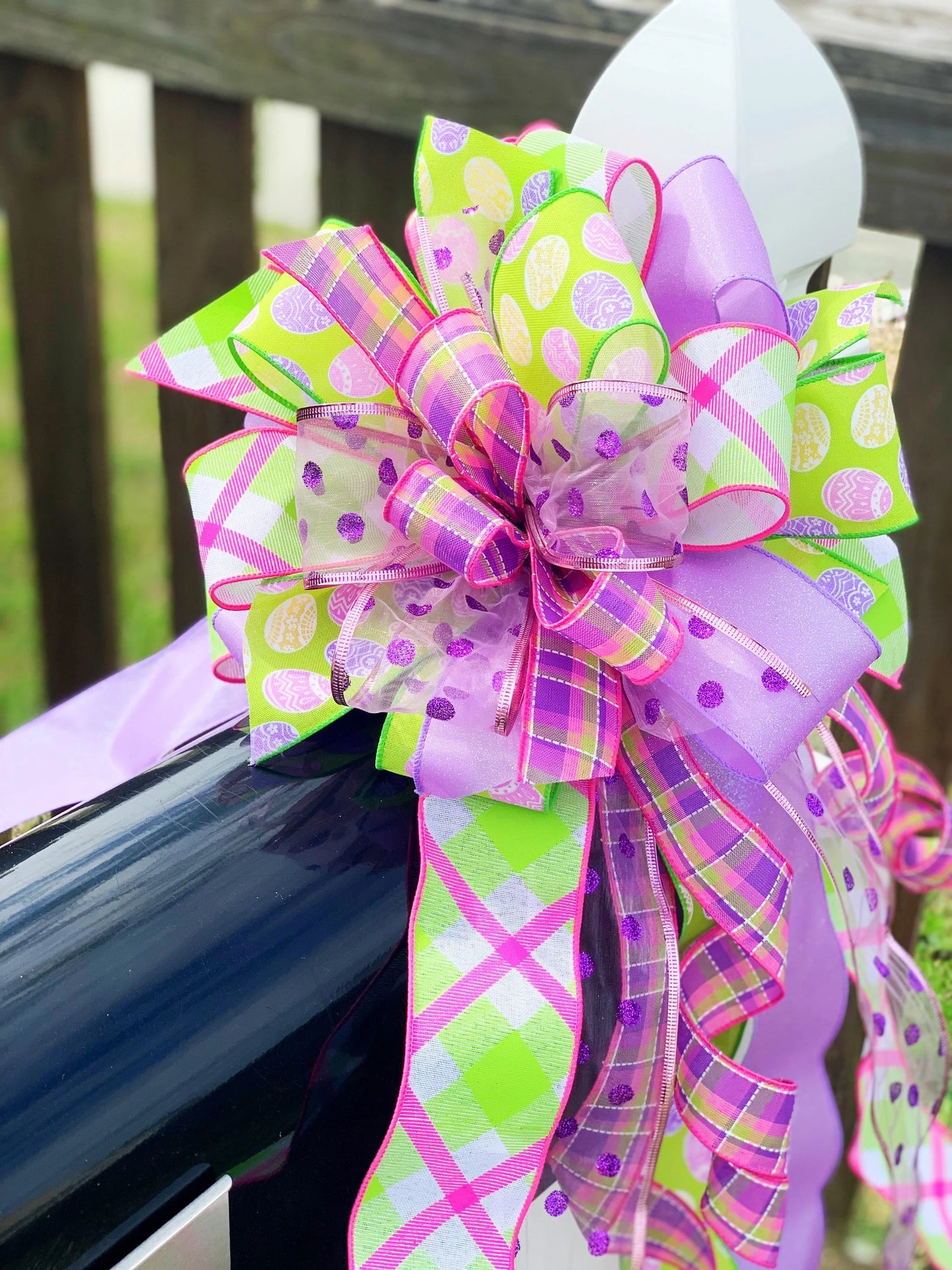 Easter Bow in Light Green and Purple, Featuring Multipattern and Sheer Ribbon. Perfect for Mailbox, Door, and Wreath.