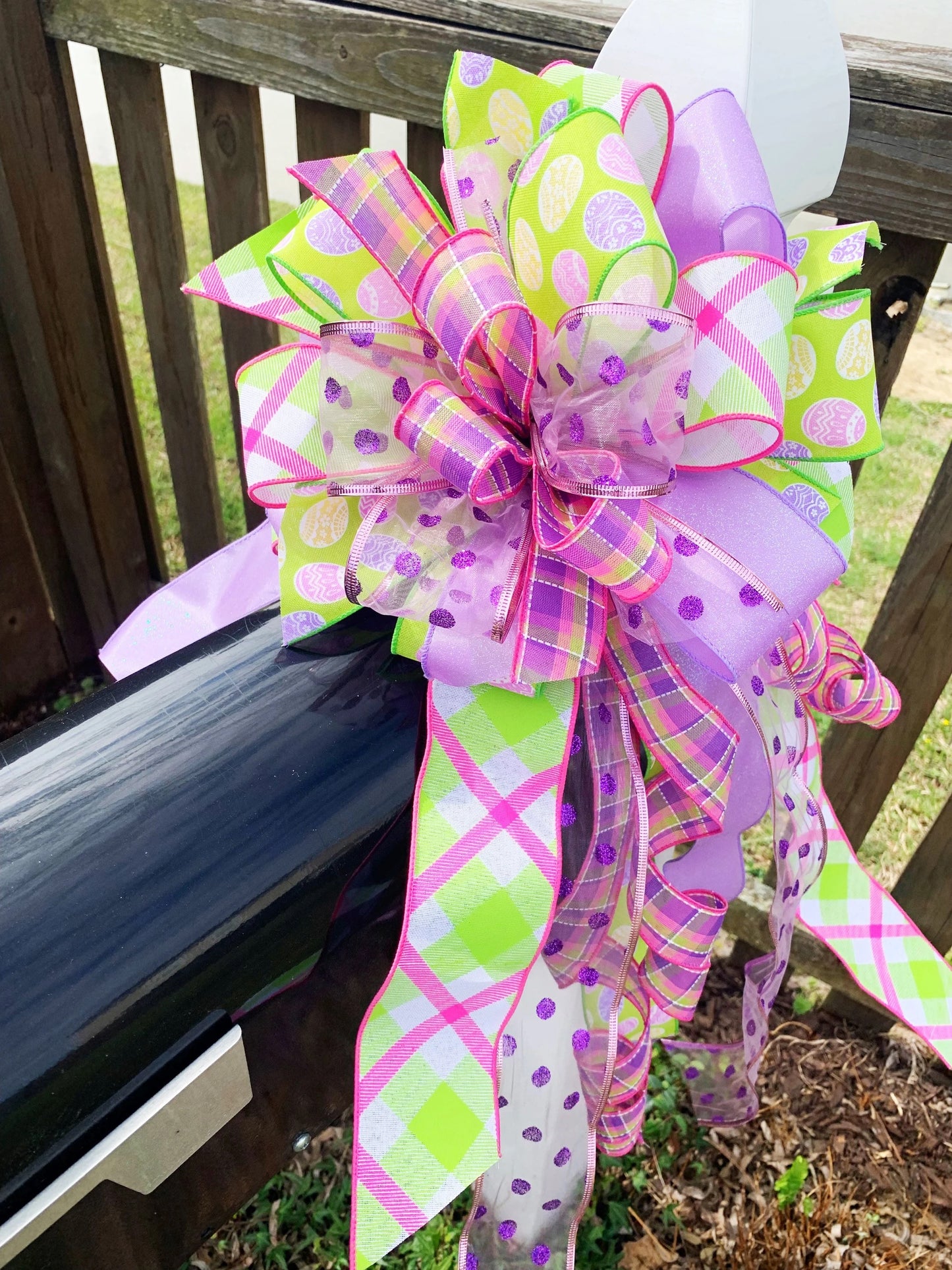 Easter Bow in Light Green and Purple, Featuring Multipattern and Sheer Ribbon. Perfect for Mailbox, Door, and Wreath.